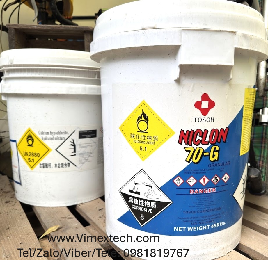 Calcium Hypochlorite (Ca(OCl)₂) 70% - Nhật - 45kg, so sánh với hàng 70% của Ấn độ và Trung quốc