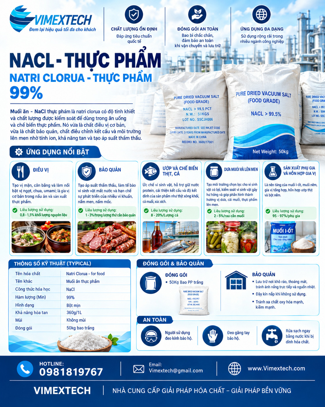 Natri clorua - Thực phẩm - TQ - 50kg - Tính chất lý hóa và ứng dụng trong thực phẩm