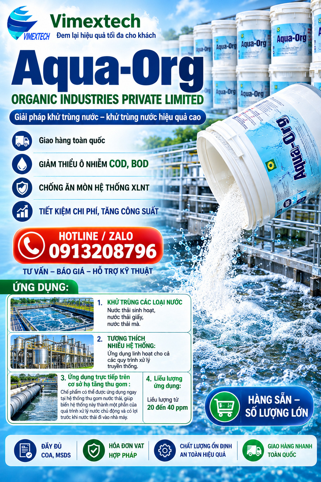 CLORIN 70% - Aqua-Org – Ấn độ - 45kg -Tính chất, ứng dụng, liều lượng và an toàn sử dụng