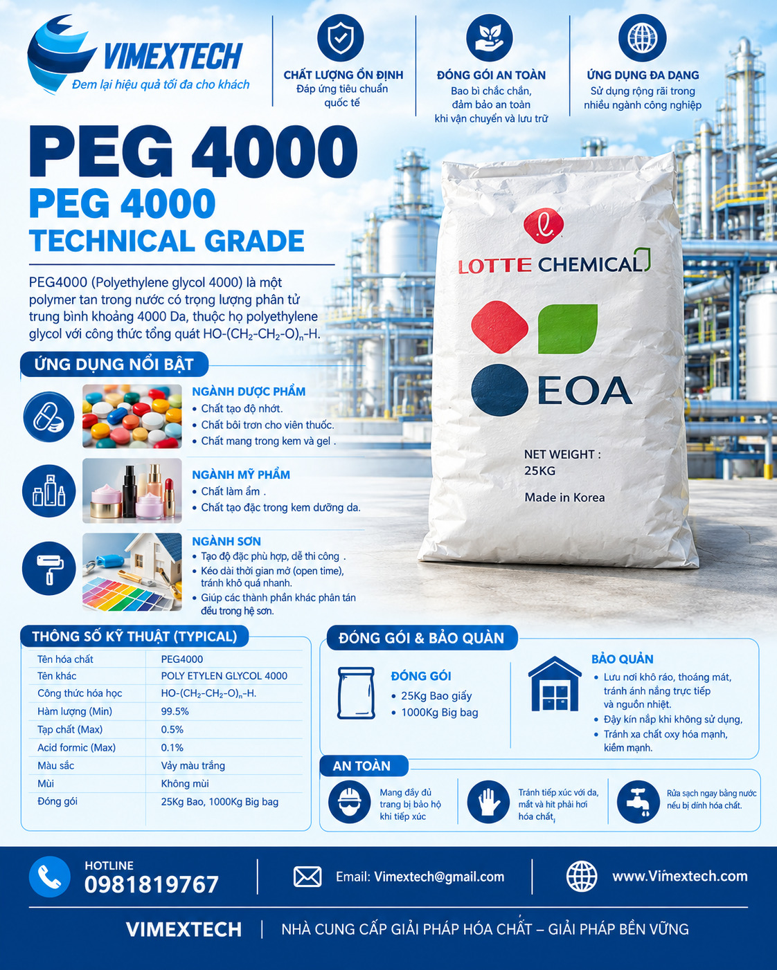 PEG4000-Tính chất lý hóa và ứng dụng trong ngành sản xuất sơn nước và công nghiệp