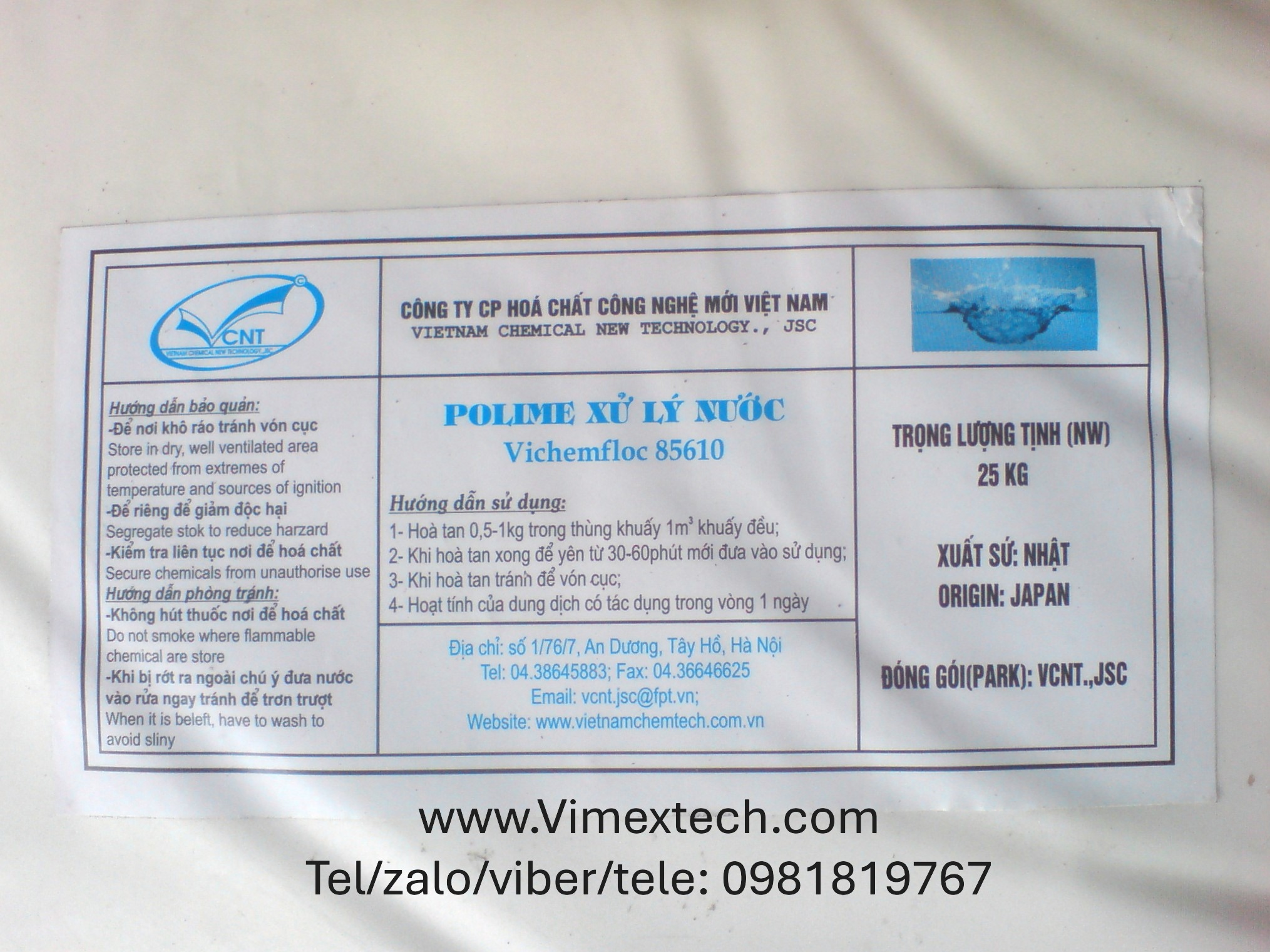 Vichemfloc85610-Cationic rất mạnh, phân tử lượng rất cao - Nhật-25kg.