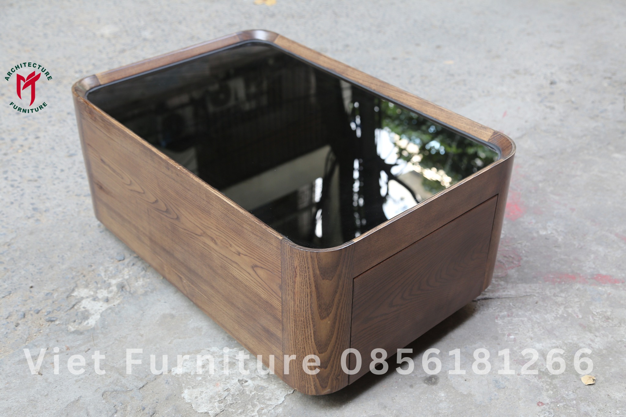 Bàn trà kính cường lực gỗ tự nhiên 2 ngăn kéo