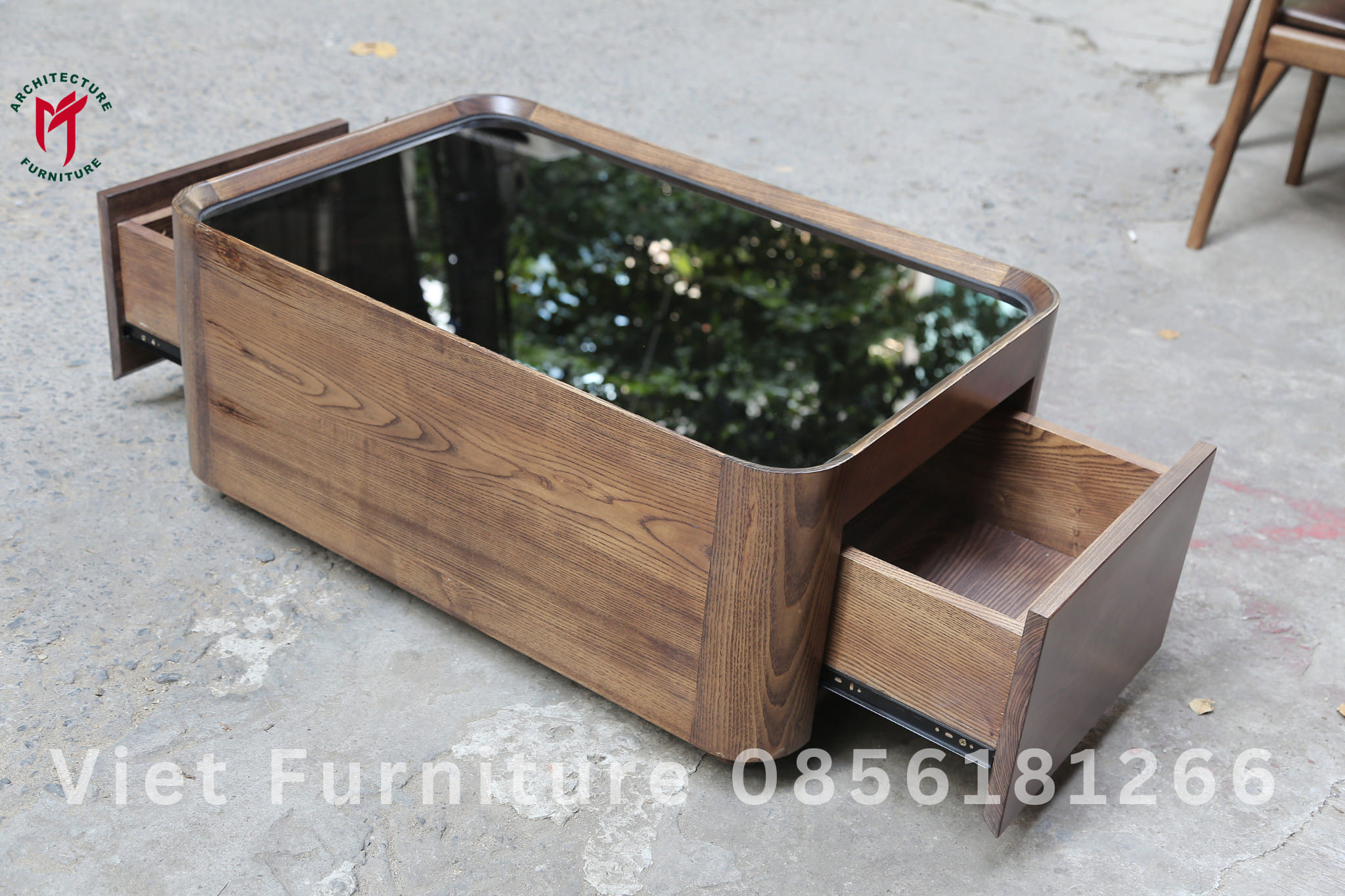 Bàn trà kính cường lực gỗ tự nhiên 2 ngăn kéo