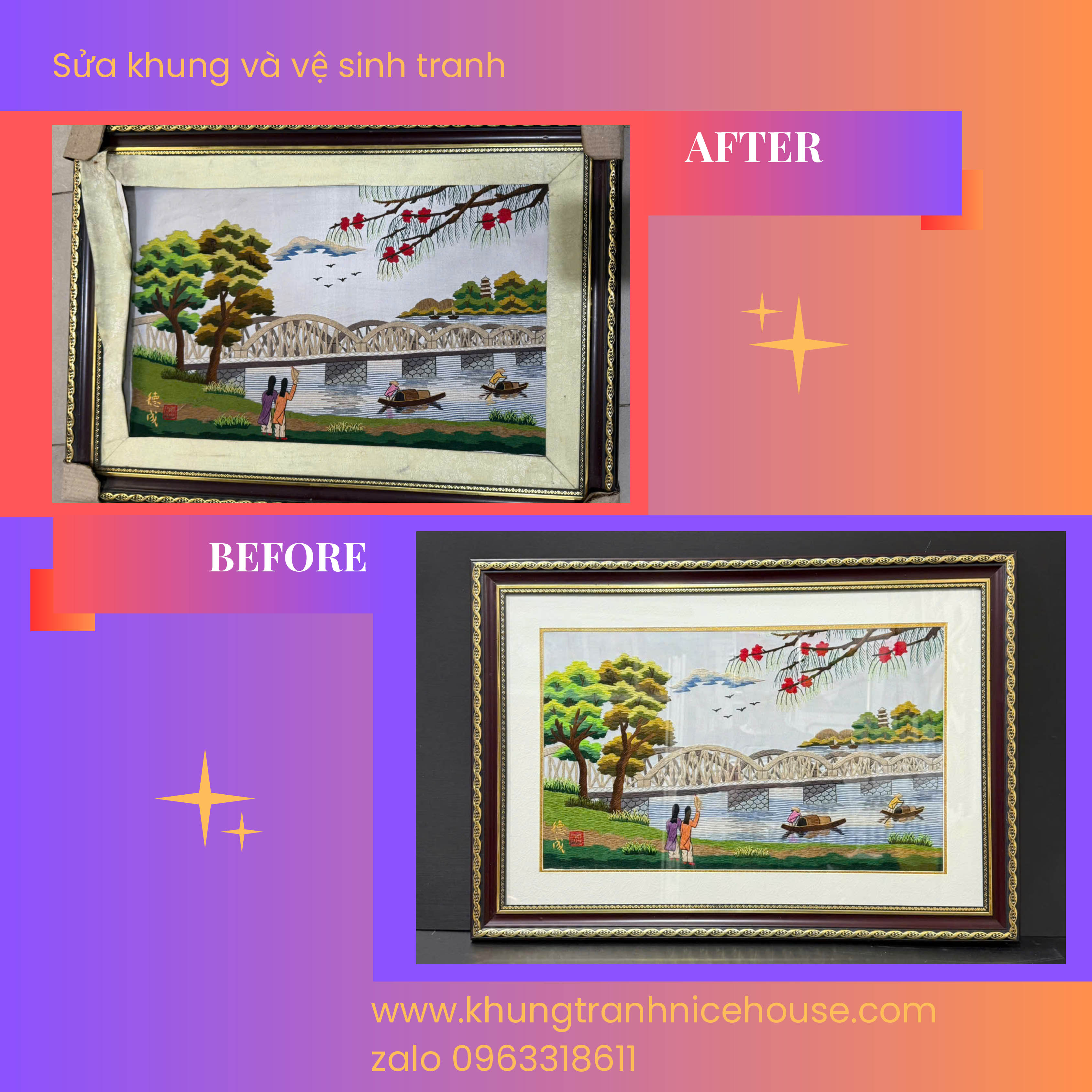 Sửa Chữa Khung Tranh Gỗ & Khung Composite – Vệ Sinh, Giặt Tranh Thêu