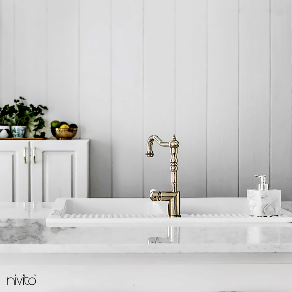 Nivito CL-160 BRASS/GOLD KITCHEN FAUCET WHITE PORCELAIN HANDLE