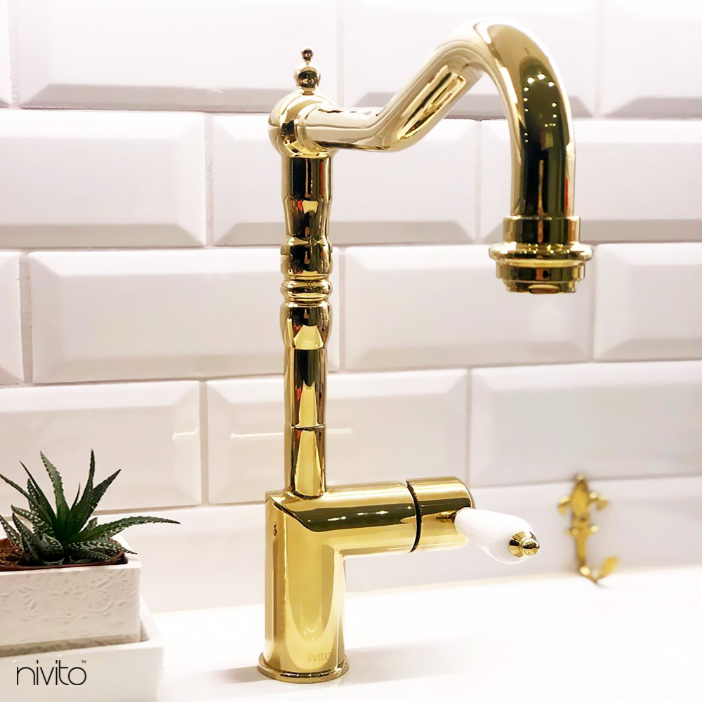 Nivito CL-160 BRASS/GOLD KITCHEN FAUCET WHITE PORCELAIN HANDLE