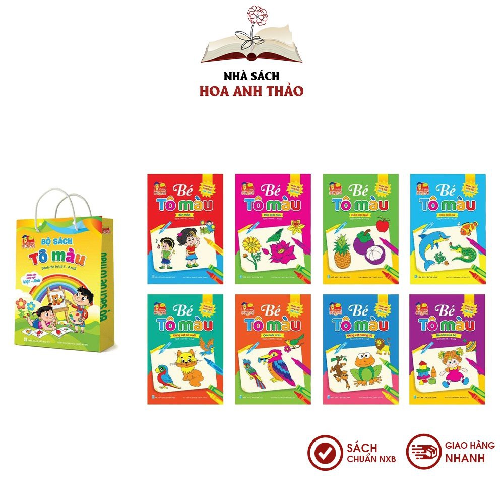 Sách - Tô Màu Bé tô màu nhiều chủ đề song ngữ Việt Anh cho trẻ từ 3-4 tuổi (Bộ 8 quyển)