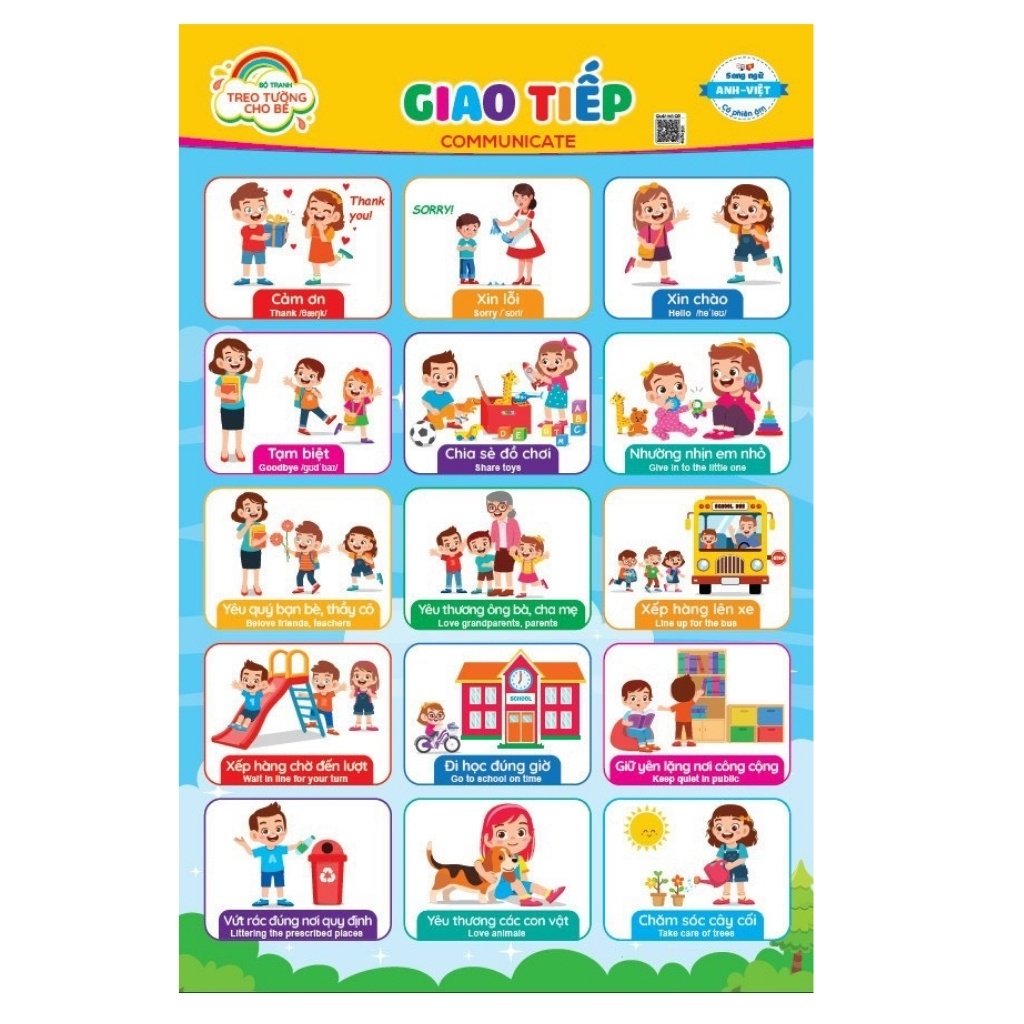Bộ tranh treo tường kĩ năng cho bé - 10 chủ đề - quét mã âm thanh QR, song ngữ Anh-Việt