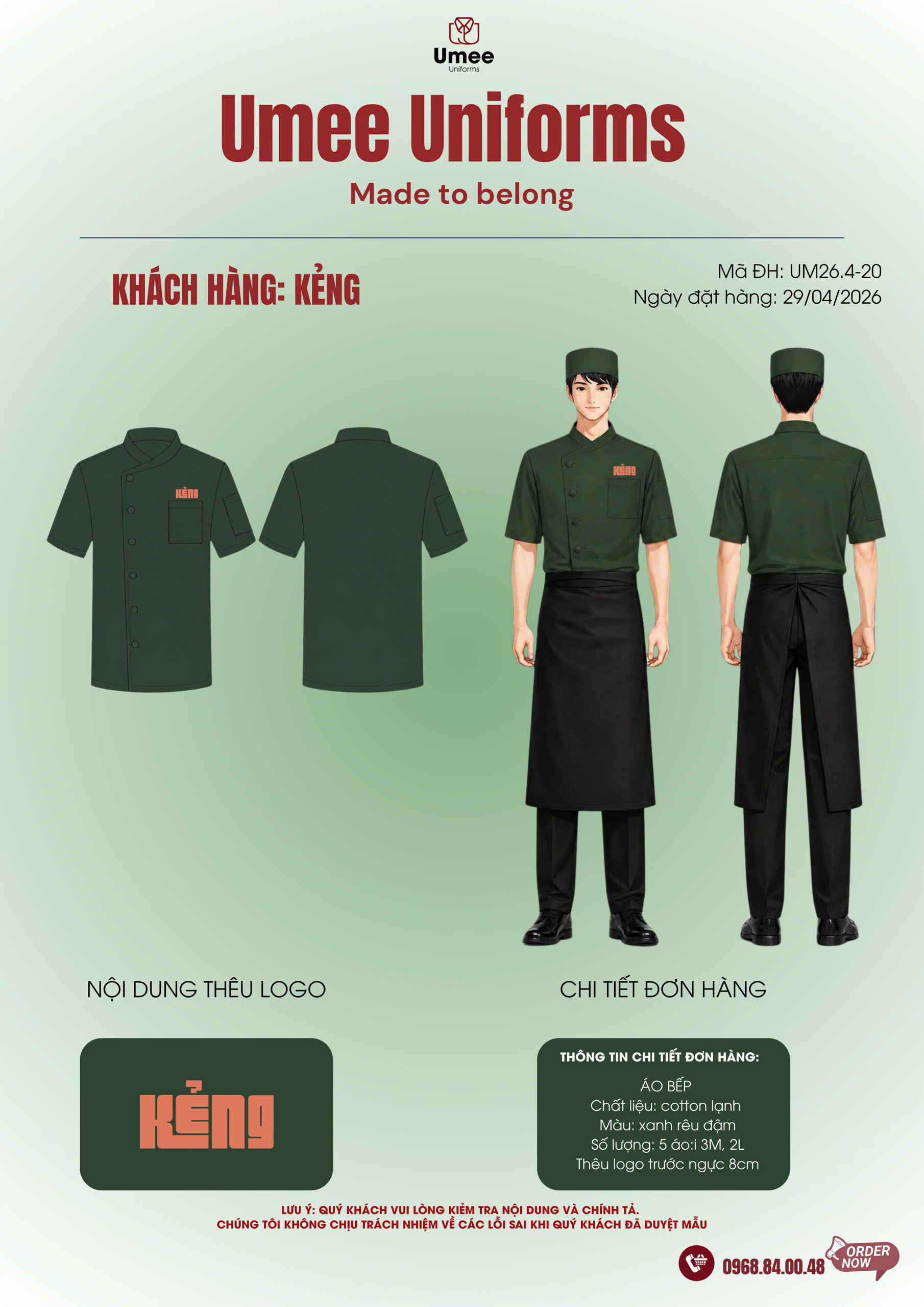 Áo bếp màu xanh rêu đậm chất liệu cotton lạnh | May theo yêu cầu – Umee Uniforms