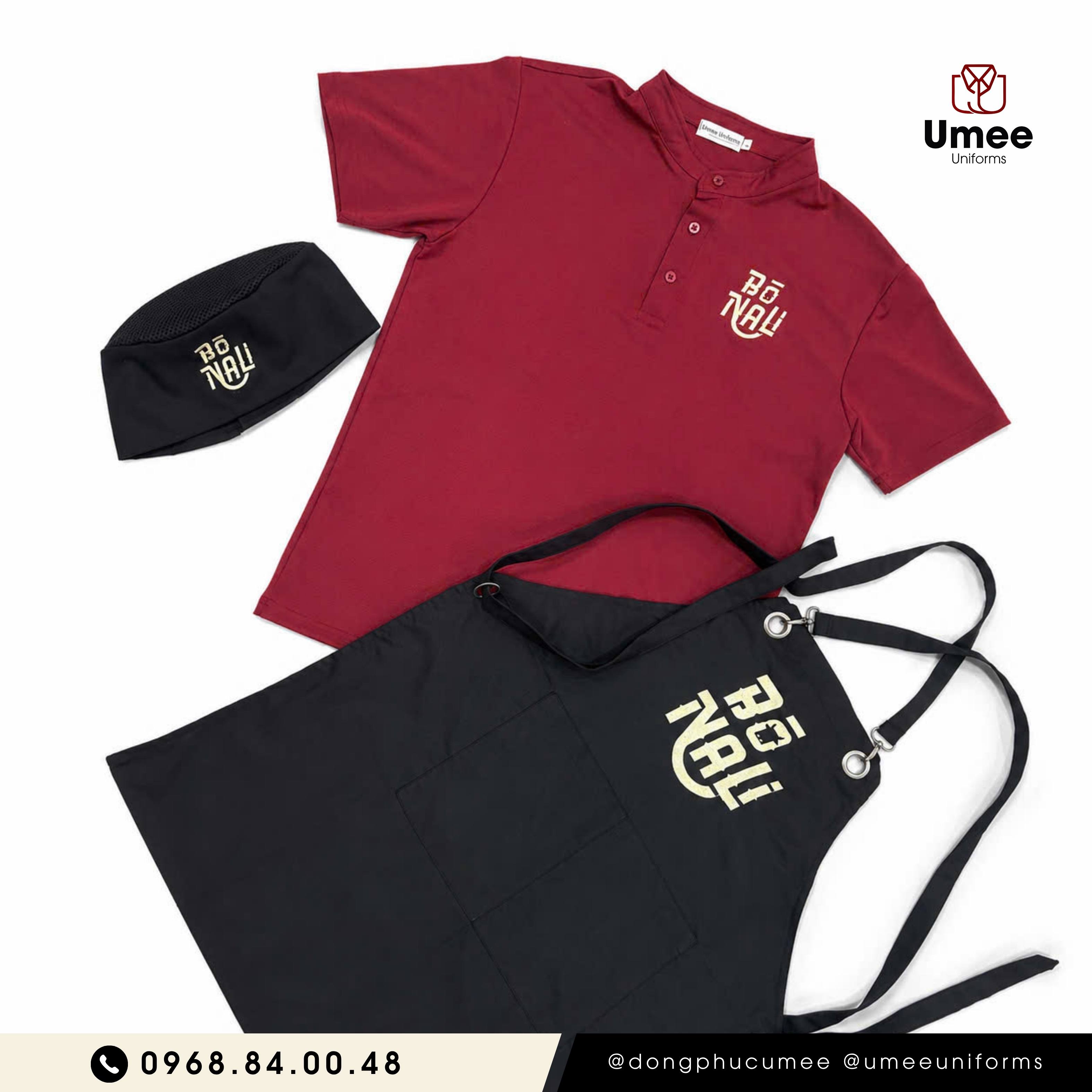 Đồng phục nhà hàng Bò Nali | Áo cổ tàu đỏ đô & tạp dề đen | Umee Uniforms