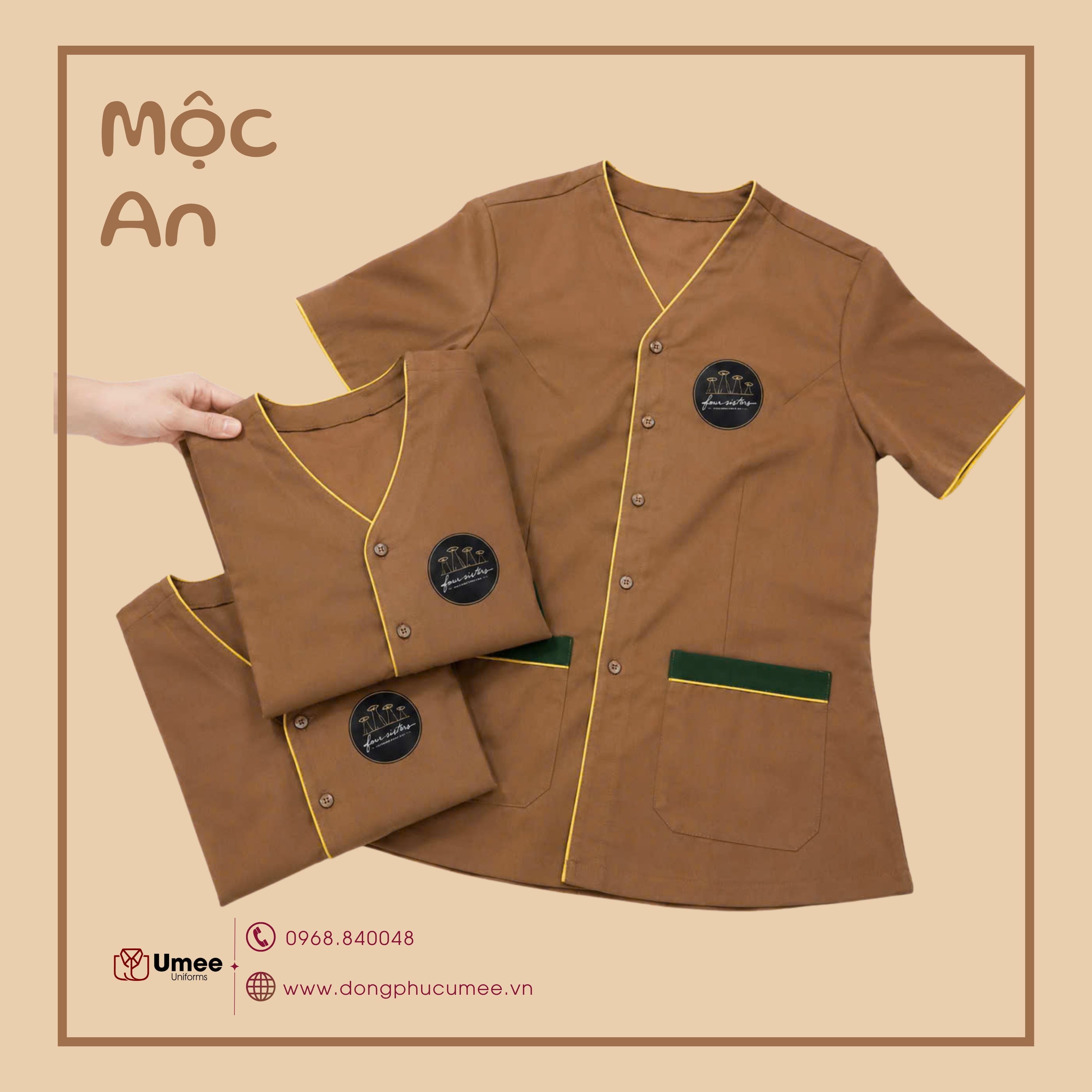 Đồng Phục Nhà Hàng Mộc An - Tông Nâu Ấm Viền Vàng | Umee Uniforms