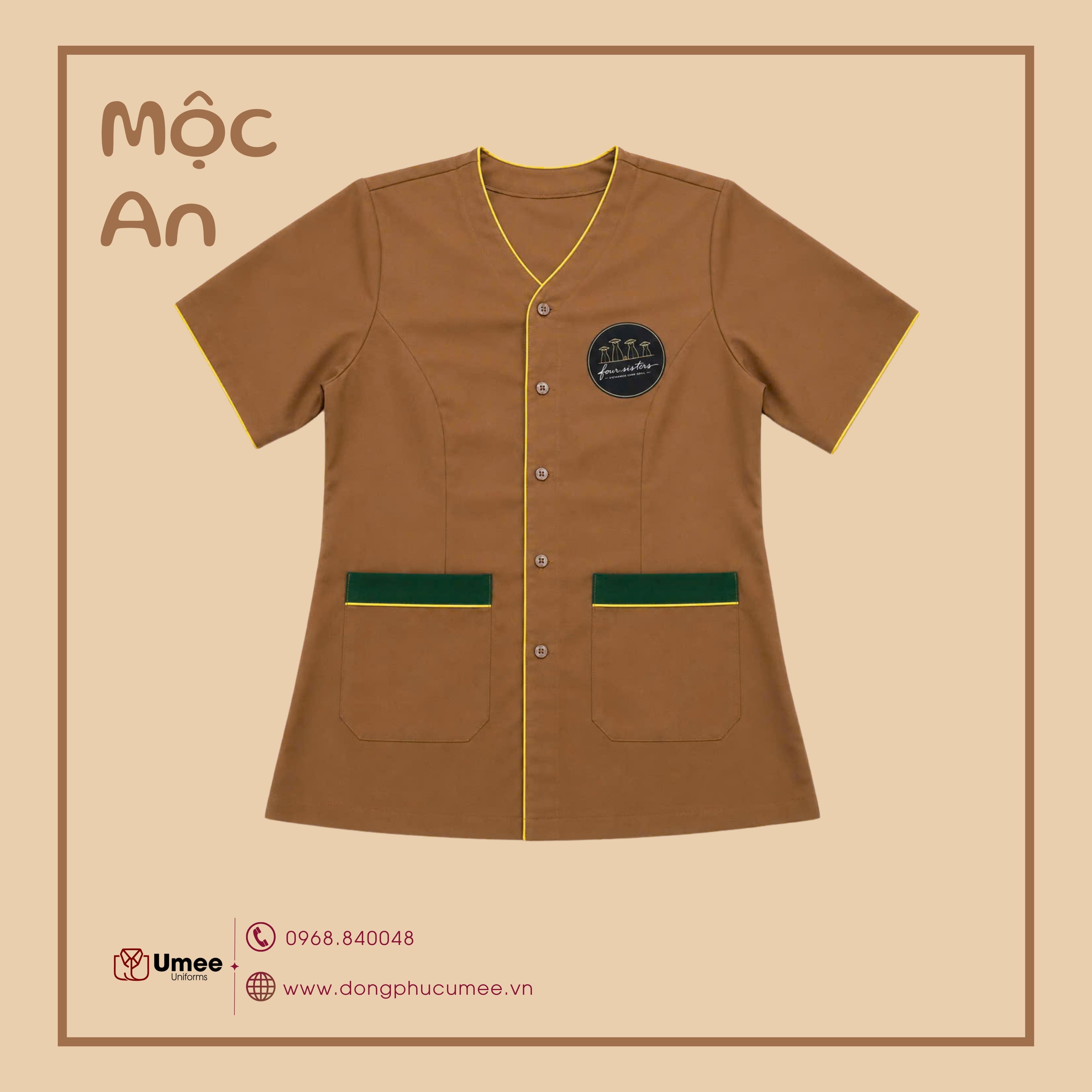 Đồng Phục Nhà Hàng Mộc An - Tông Nâu Ấm Viền Vàng | Umee Uniforms