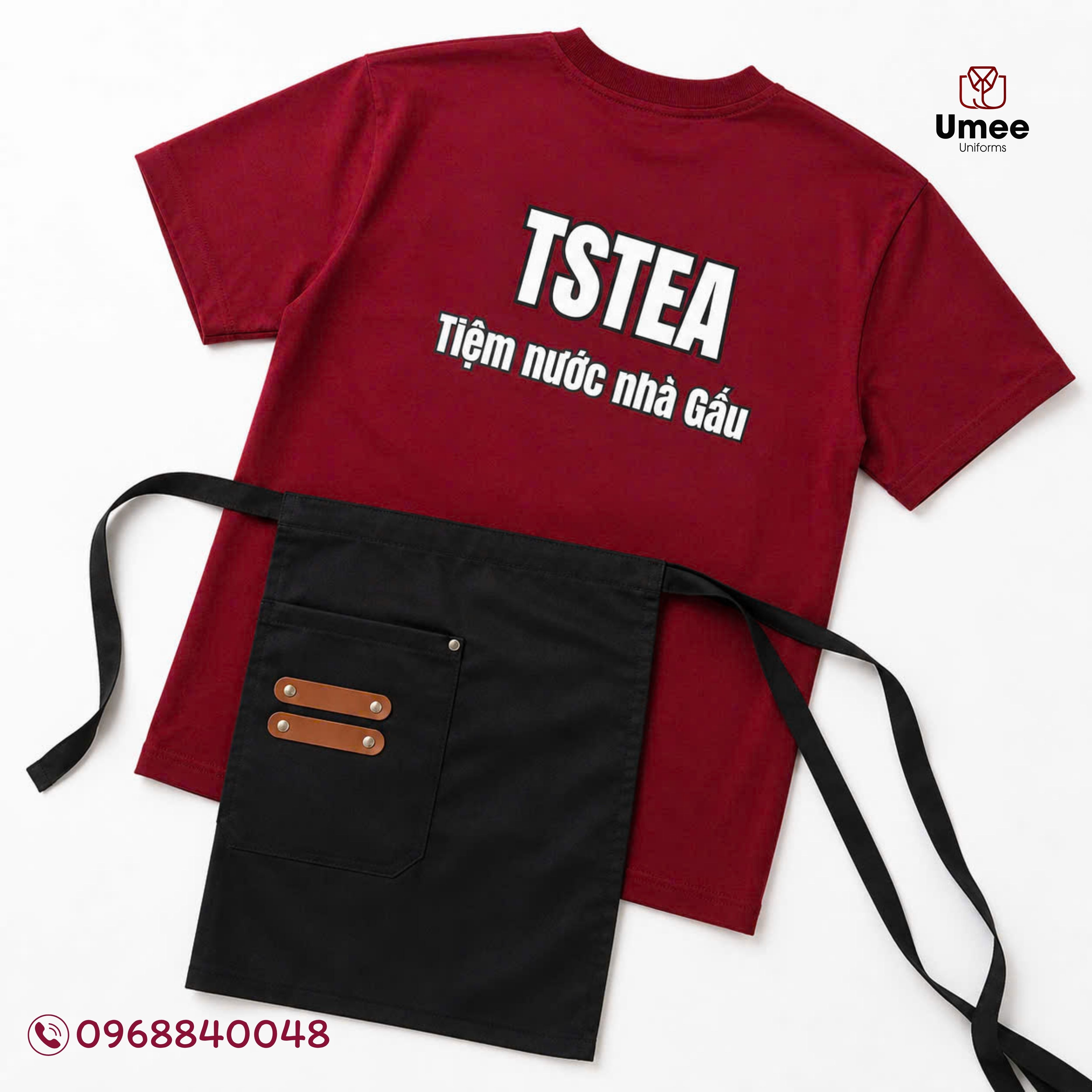 Đồng Phục Trà Sữa Áo Thun Đỏ Đô & Tạp Dề Đen - TSTea | Umee Uniforms