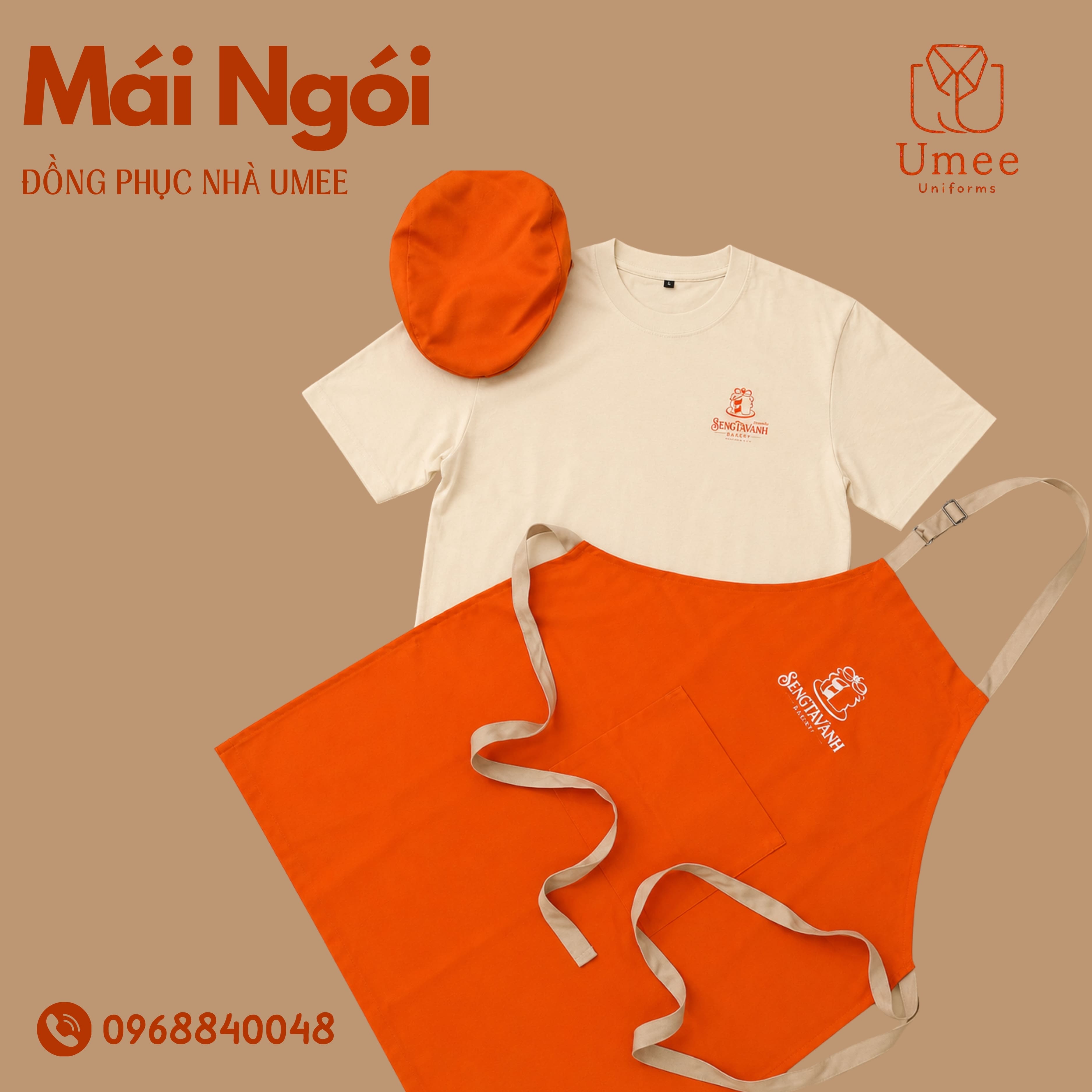 Đồng phục Mái Ngói be phối cam - áo thun, tạp dề, nón bere - Sengtavanh Bakery - Umee Uniform