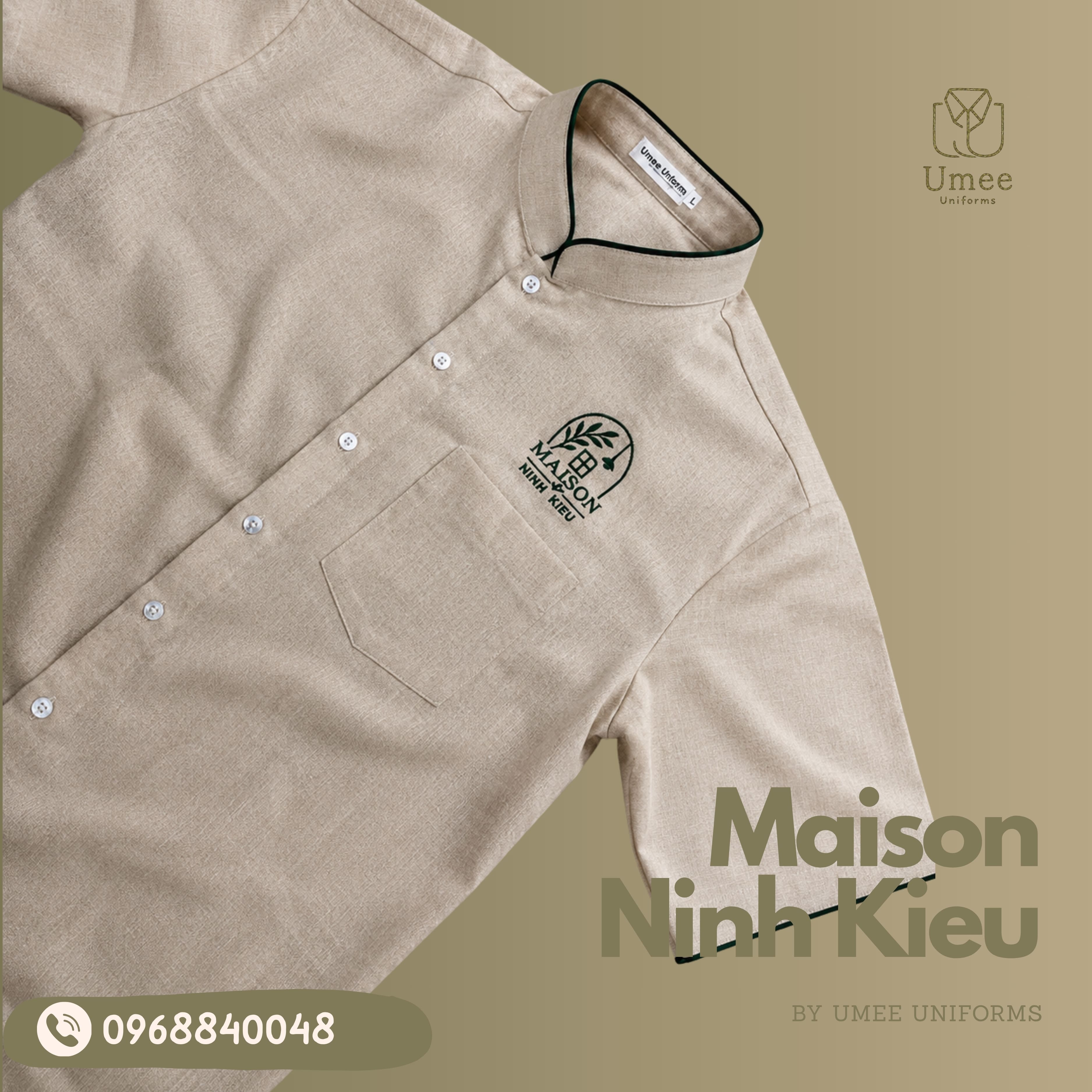 Áo Sơ Mi Linen Be Phối Rêu - Đồng Phục Maison Ninh Kieu | Umee Uniform
