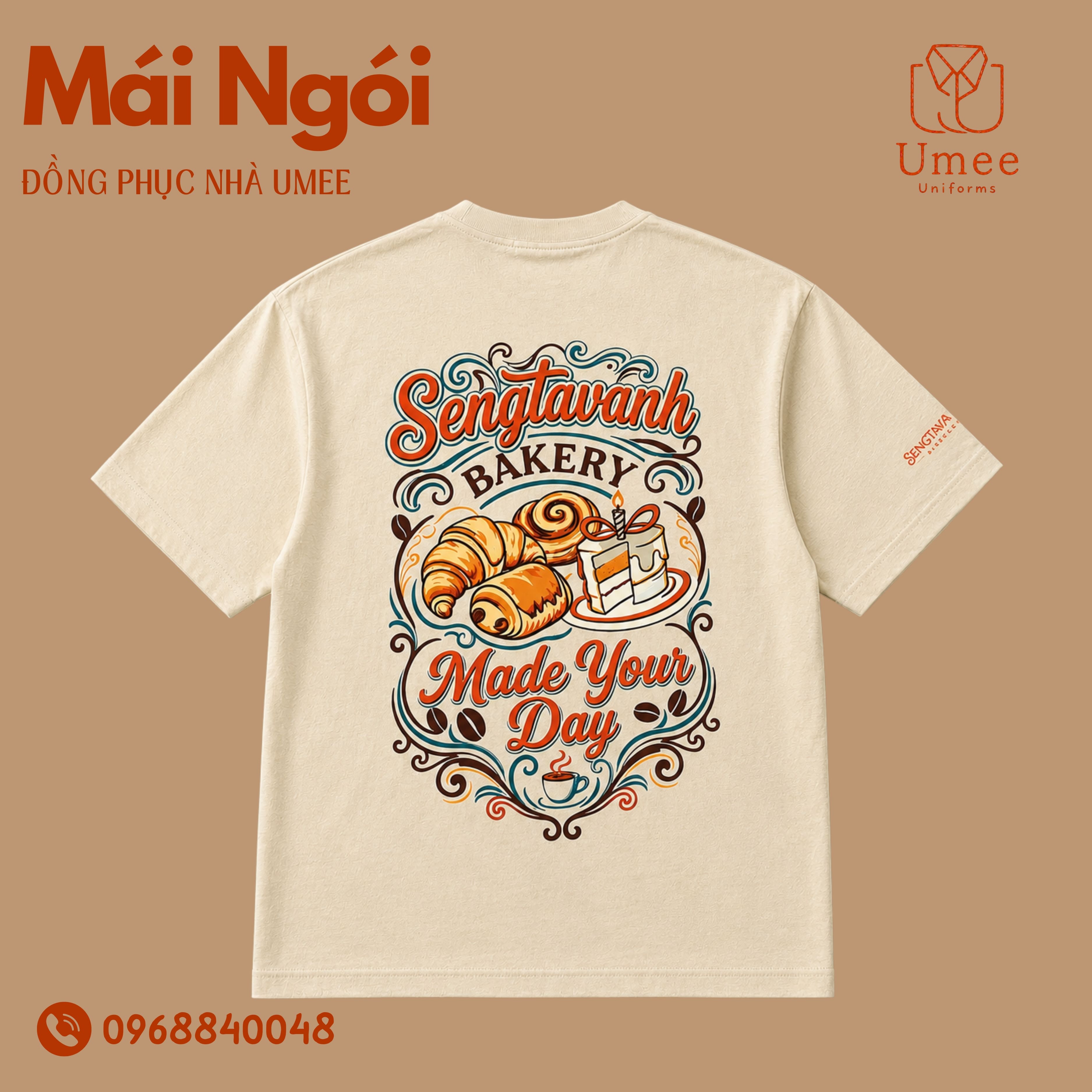 Đồng phục Mái Ngói be phối cam - áo thun, tạp dề, nón bere - Sengtavanh Bakery - Umee Uniform
