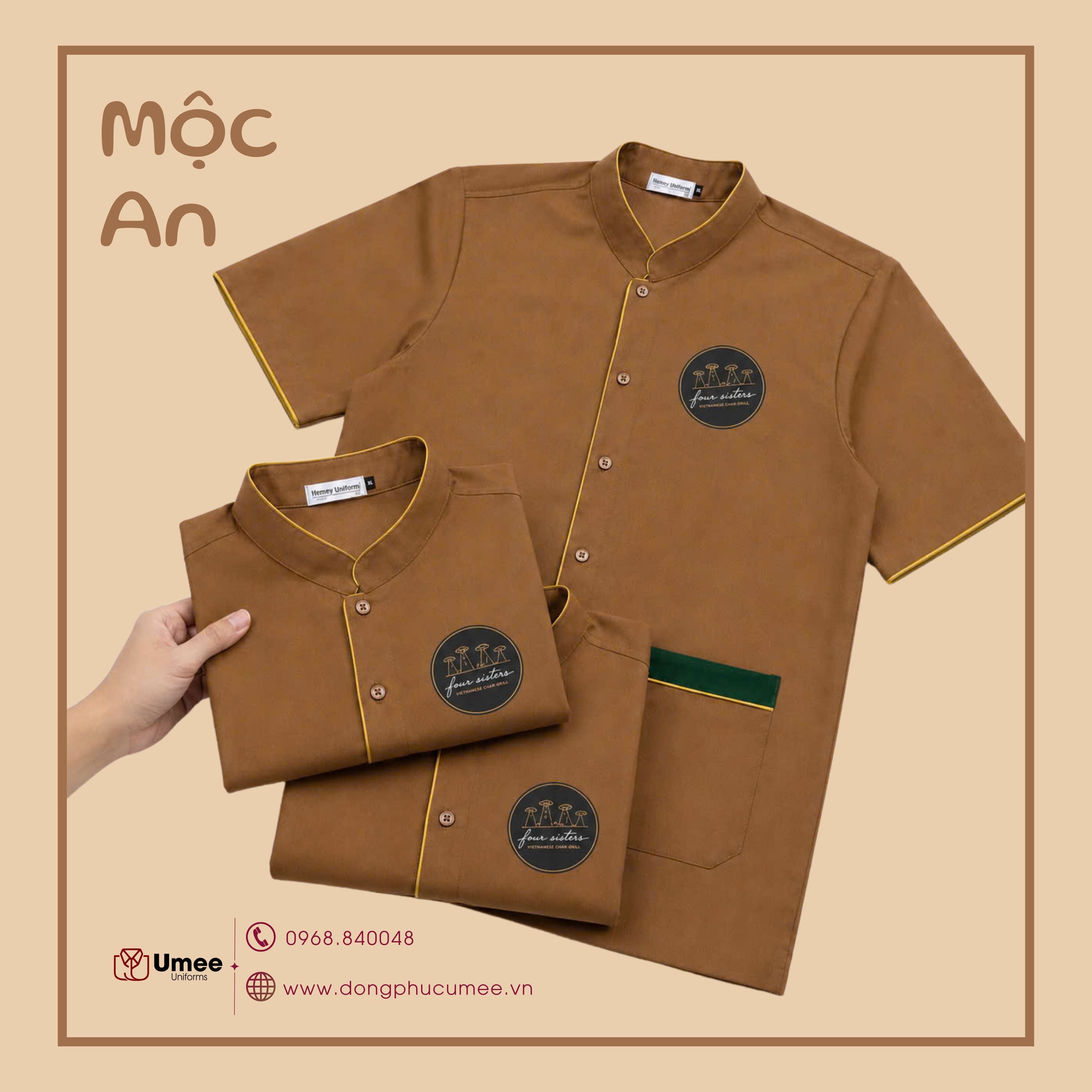 Đồng Phục Nhà Hàng Mộc An - Tông Nâu Ấm Viền Vàng | Umee Uniforms