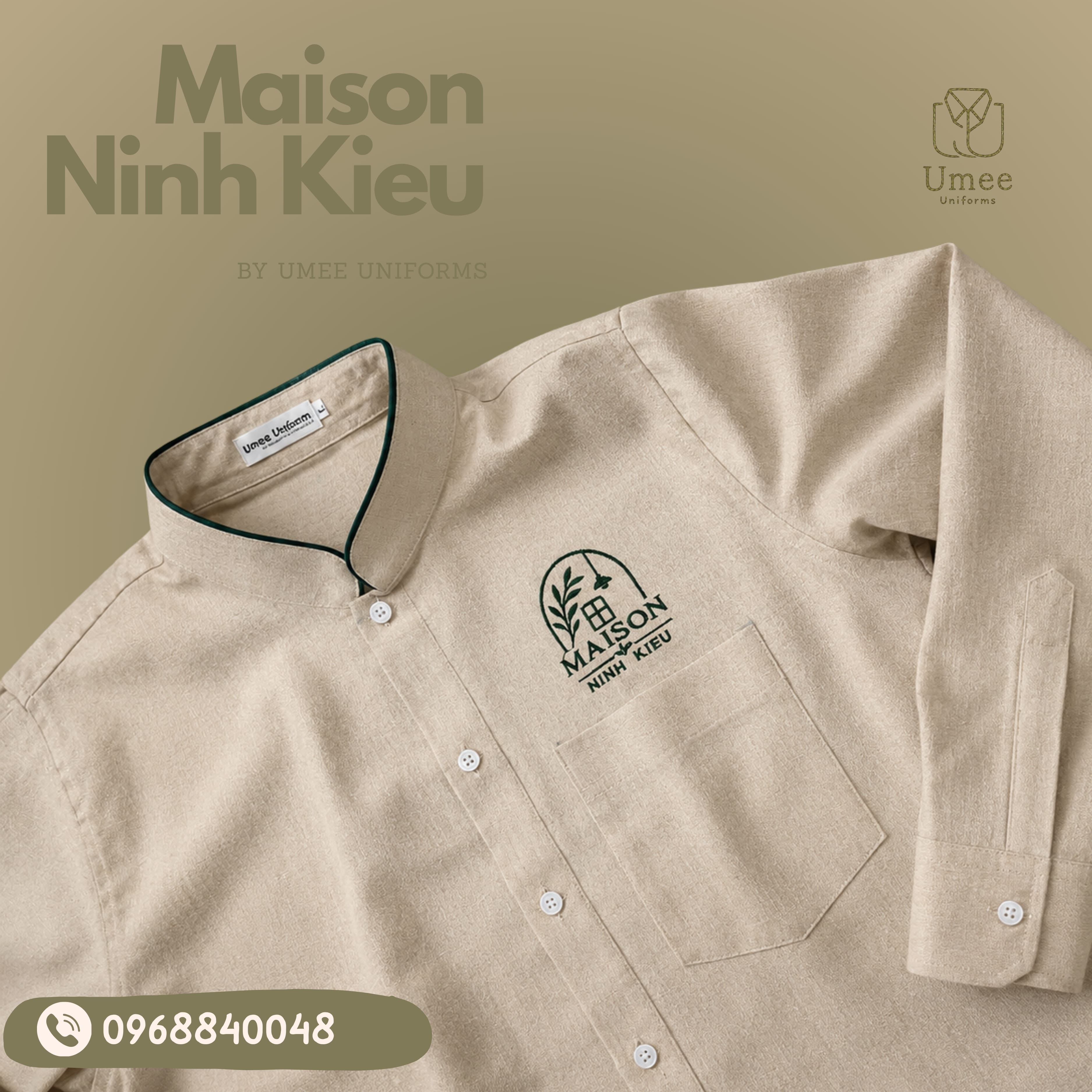 Áo Sơ Mi Linen Be Phối Rêu - Đồng Phục Maison Ninh Kieu | Umee Uniform