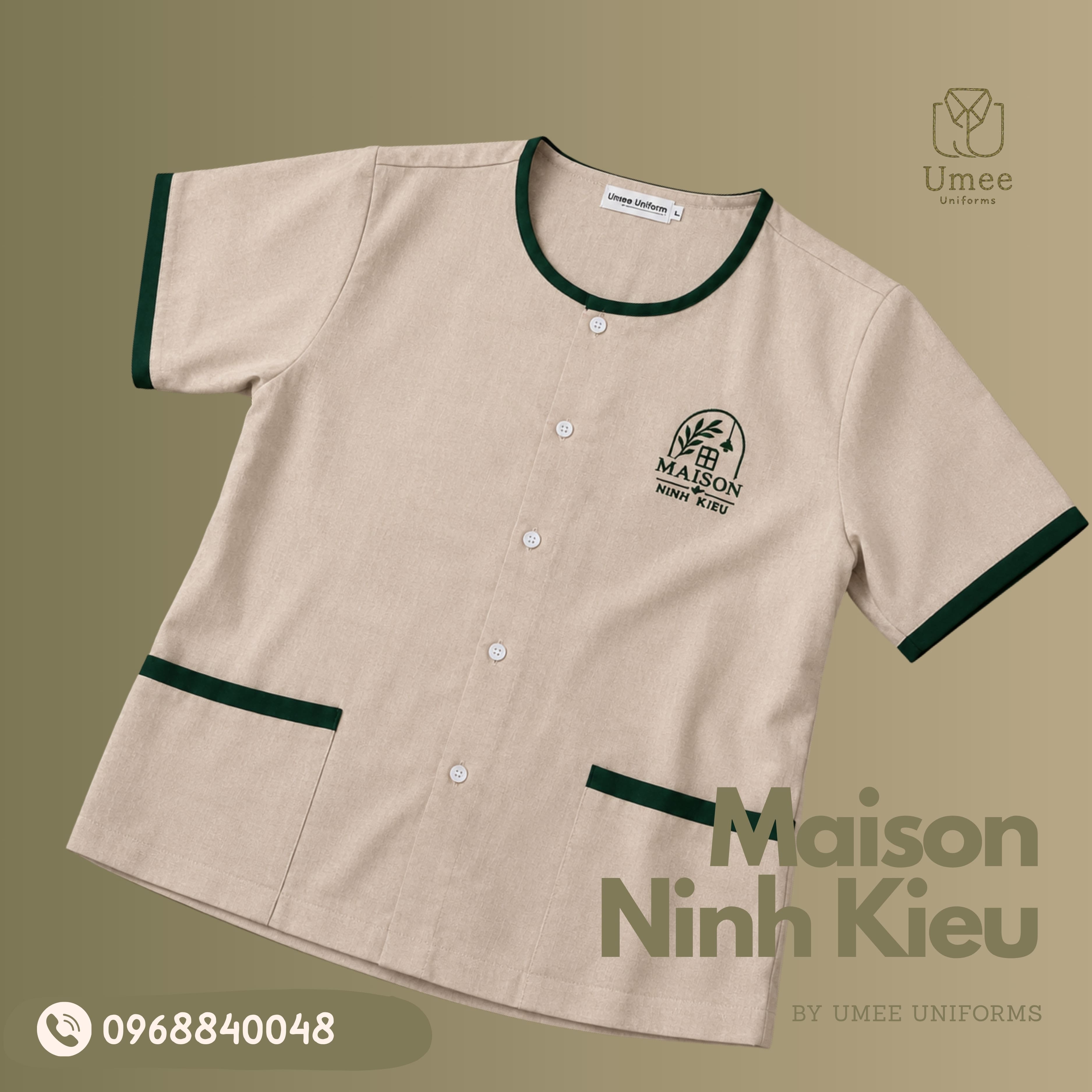 Áo Sơ Mi Linen Be Phối Rêu - Đồng Phục Maison Ninh Kieu | Umee Uniform