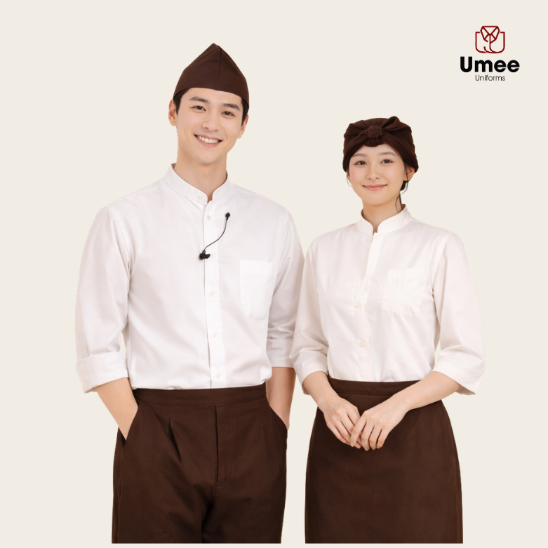 Đồng phục nhà hàng Nhật áo trắng quần nâu | May theo yêu cầu – Umee Uniforms