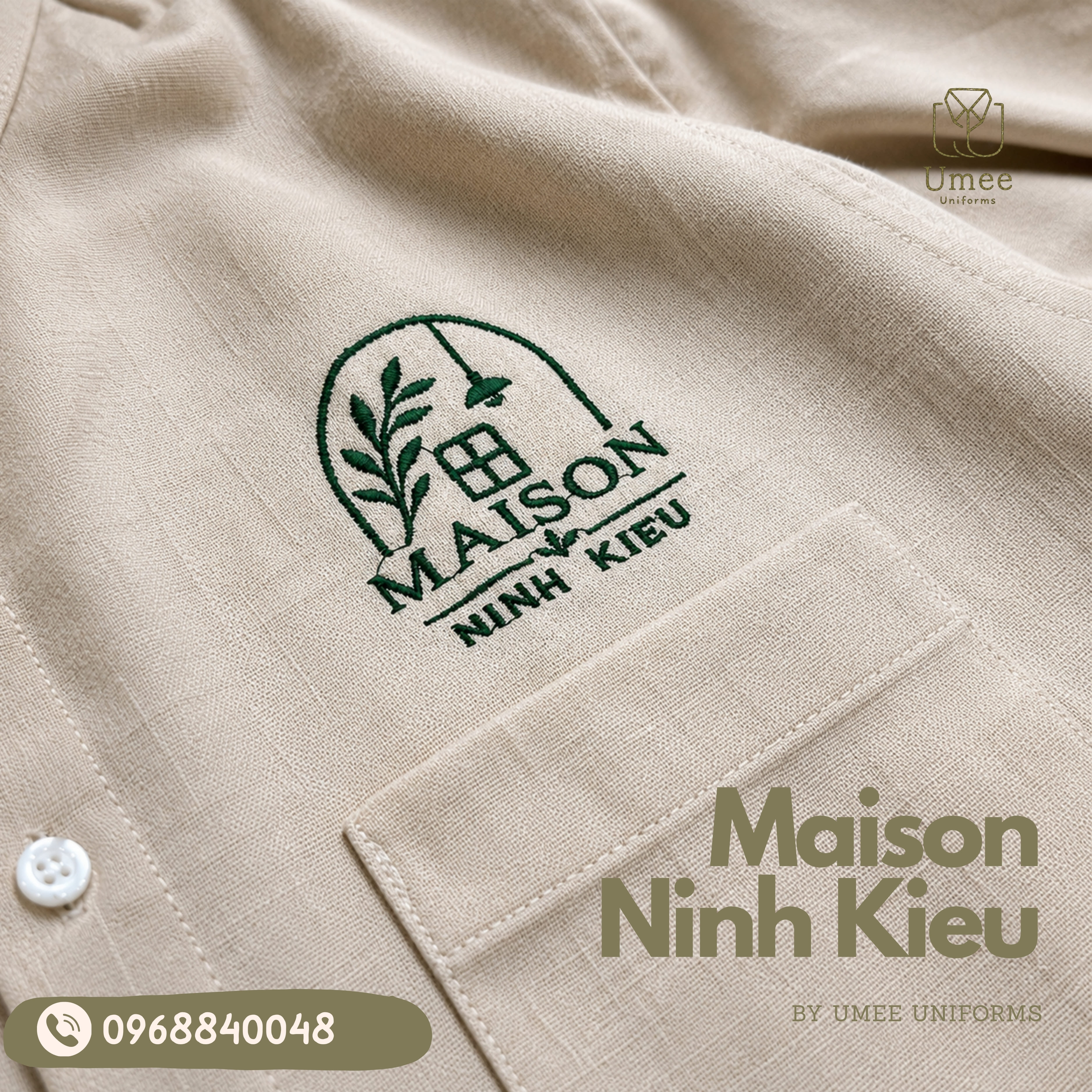 Áo Sơ Mi Linen Be Phối Rêu - Đồng Phục Maison Ninh Kieu | Umee Uniform