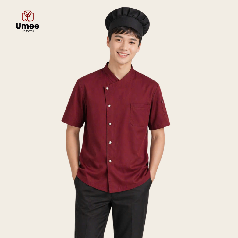 Áo Đồng Phục Bếp Cổ Chéo Tay Ngắn Màu Đỏ Đô - May Theo Yêu Cầu