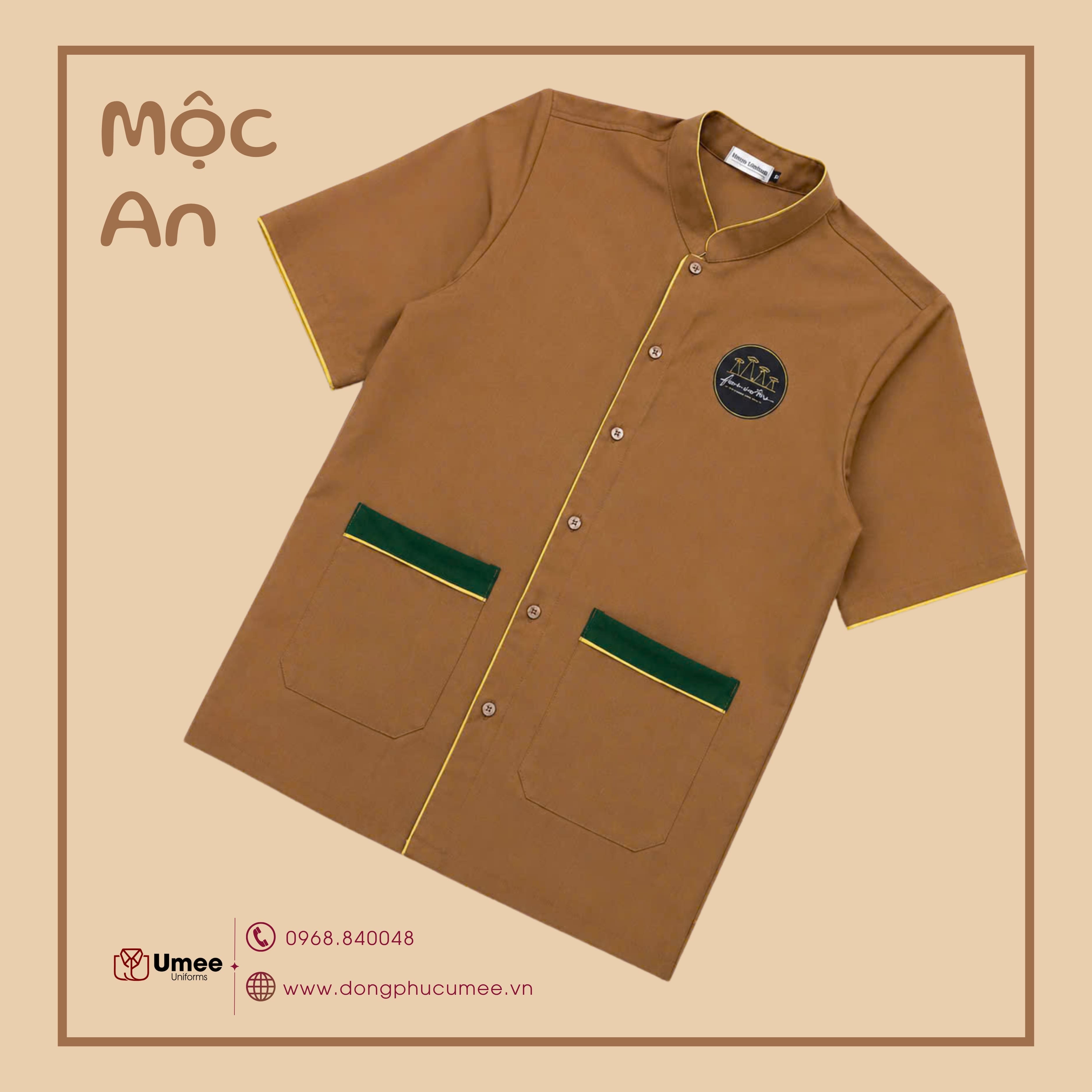Đồng Phục Nhà Hàng Mộc An - Tông Nâu Ấm Viền Vàng | Umee Uniforms