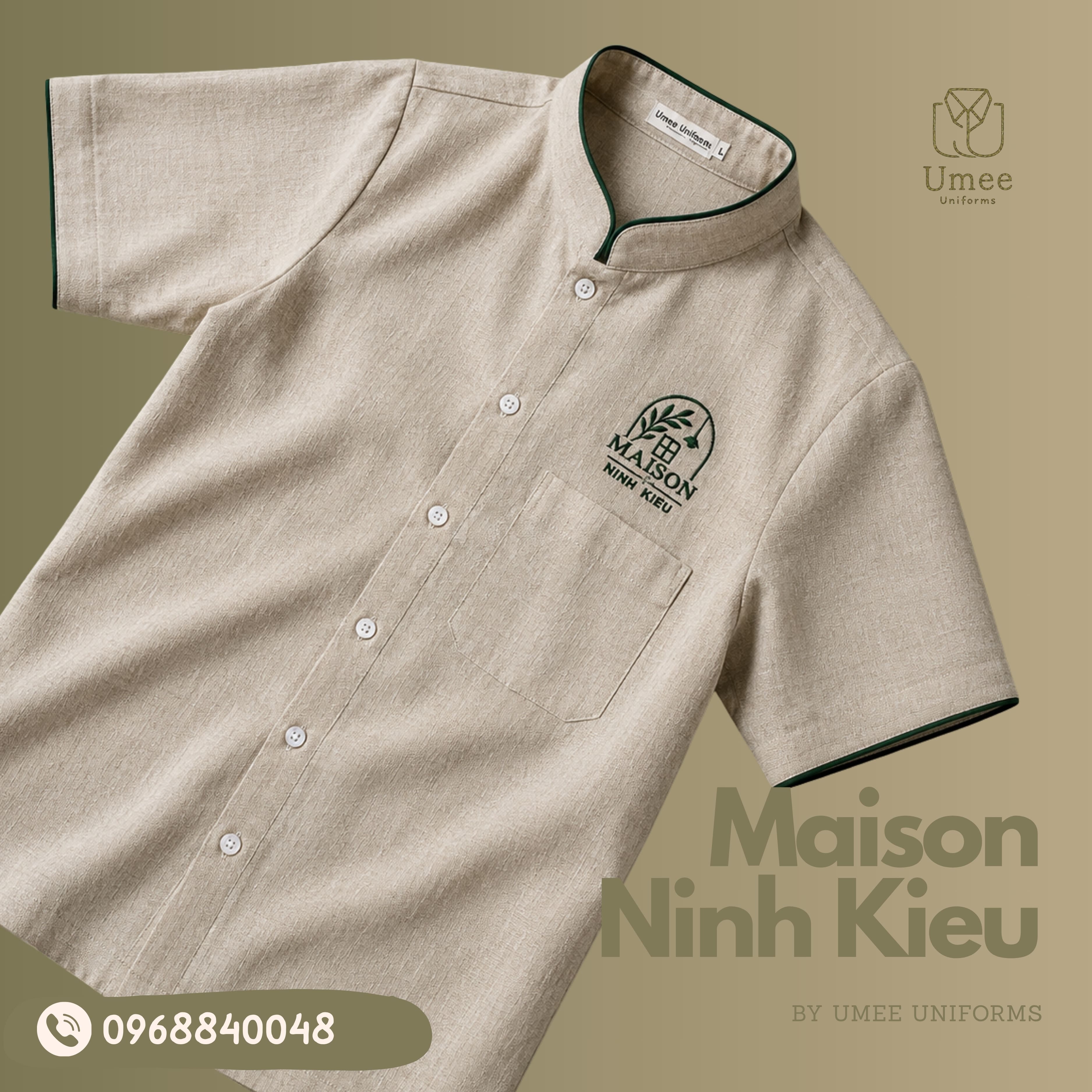Áo Sơ Mi Linen Be Phối Rêu - Đồng Phục Maison Ninh Kieu | Umee Uniform