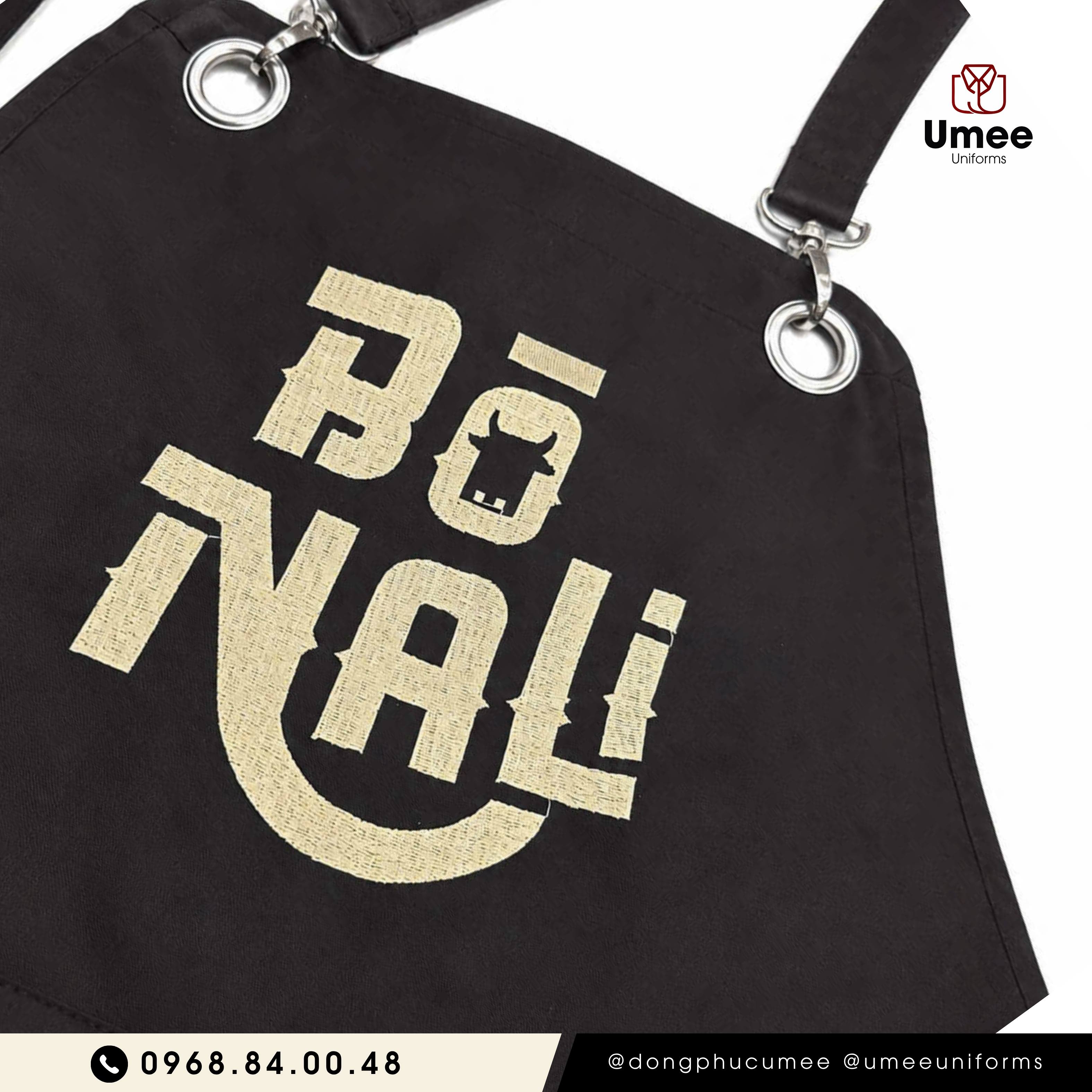 Đồng phục nhà hàng Bò Nali | Áo cổ tàu đỏ đô & tạp dề đen | Umee Uniforms