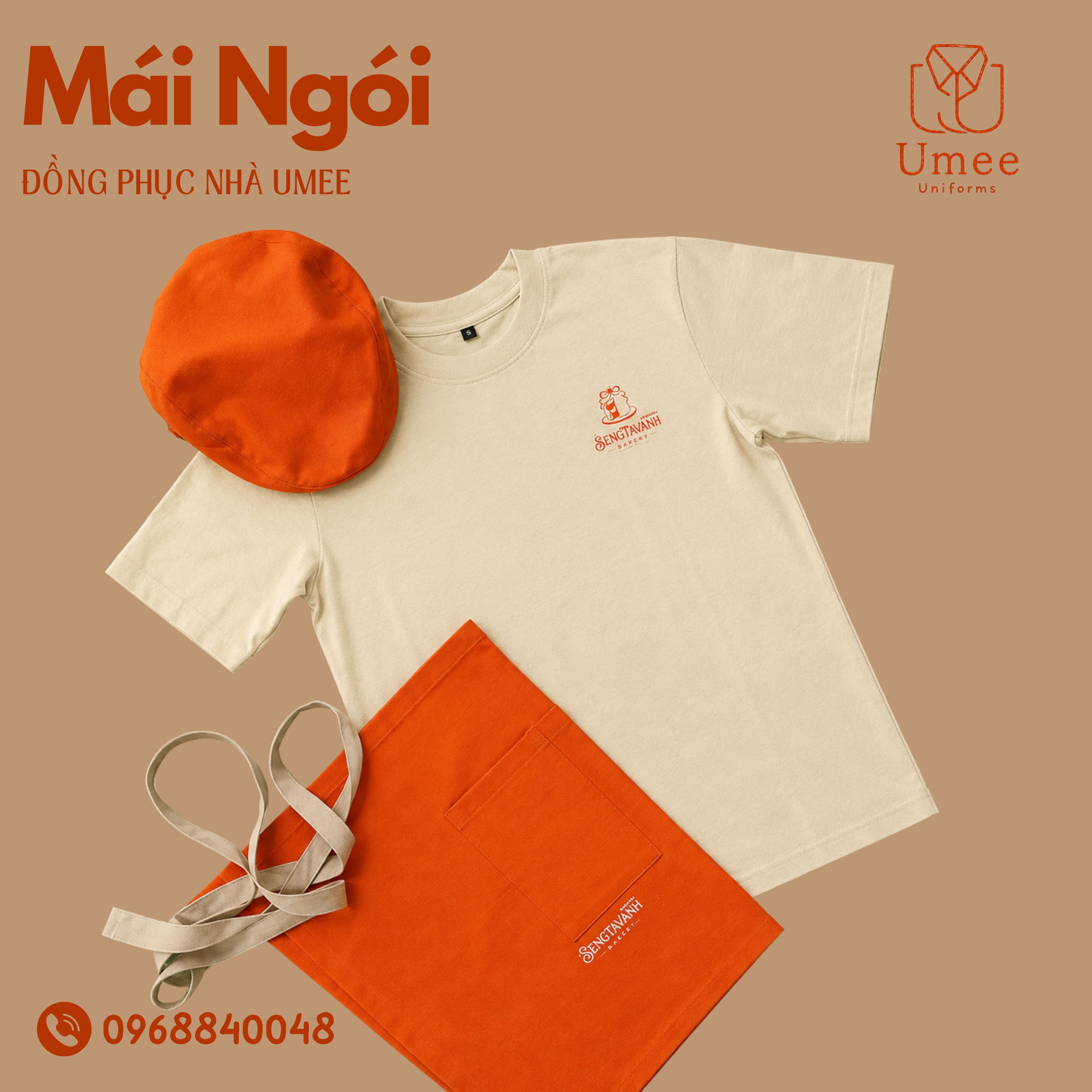 Đồng phục Mái Ngói be phối cam - áo thun, tạp dề, nón bere - Sengtavanh Bakery - Umee Uniform