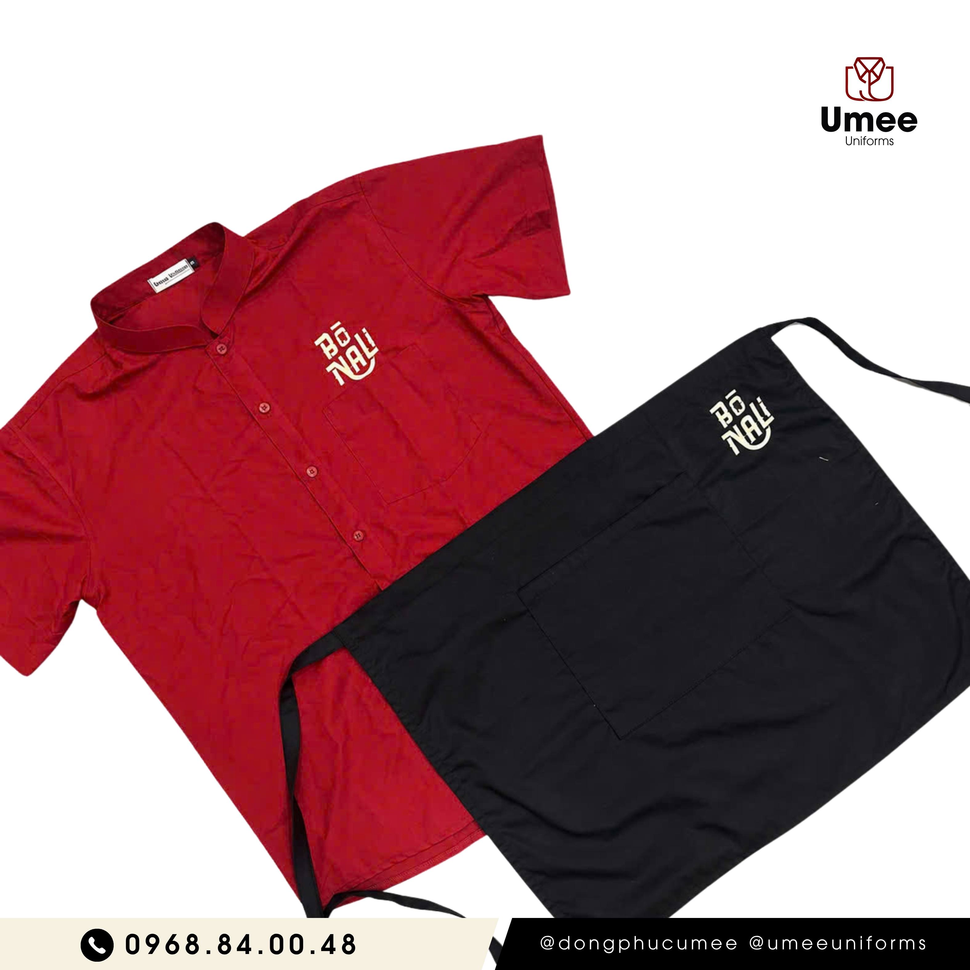 Đồng phục nhà hàng Bò Nali | Áo cổ tàu đỏ đô & tạp dề đen | Umee Uniforms