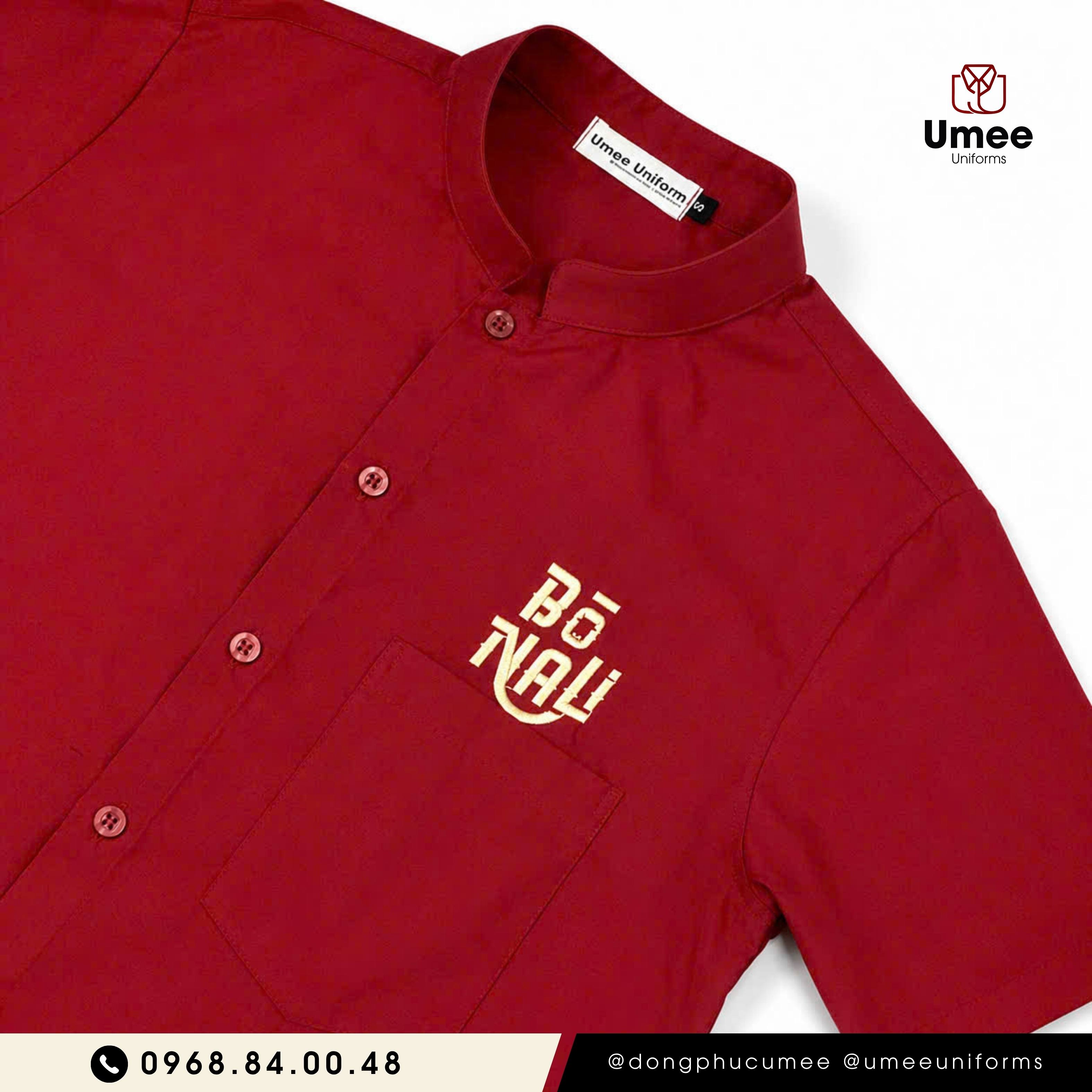 Đồng phục nhà hàng Bò Nali | Áo cổ tàu đỏ đô & tạp dề đen | Umee Uniforms