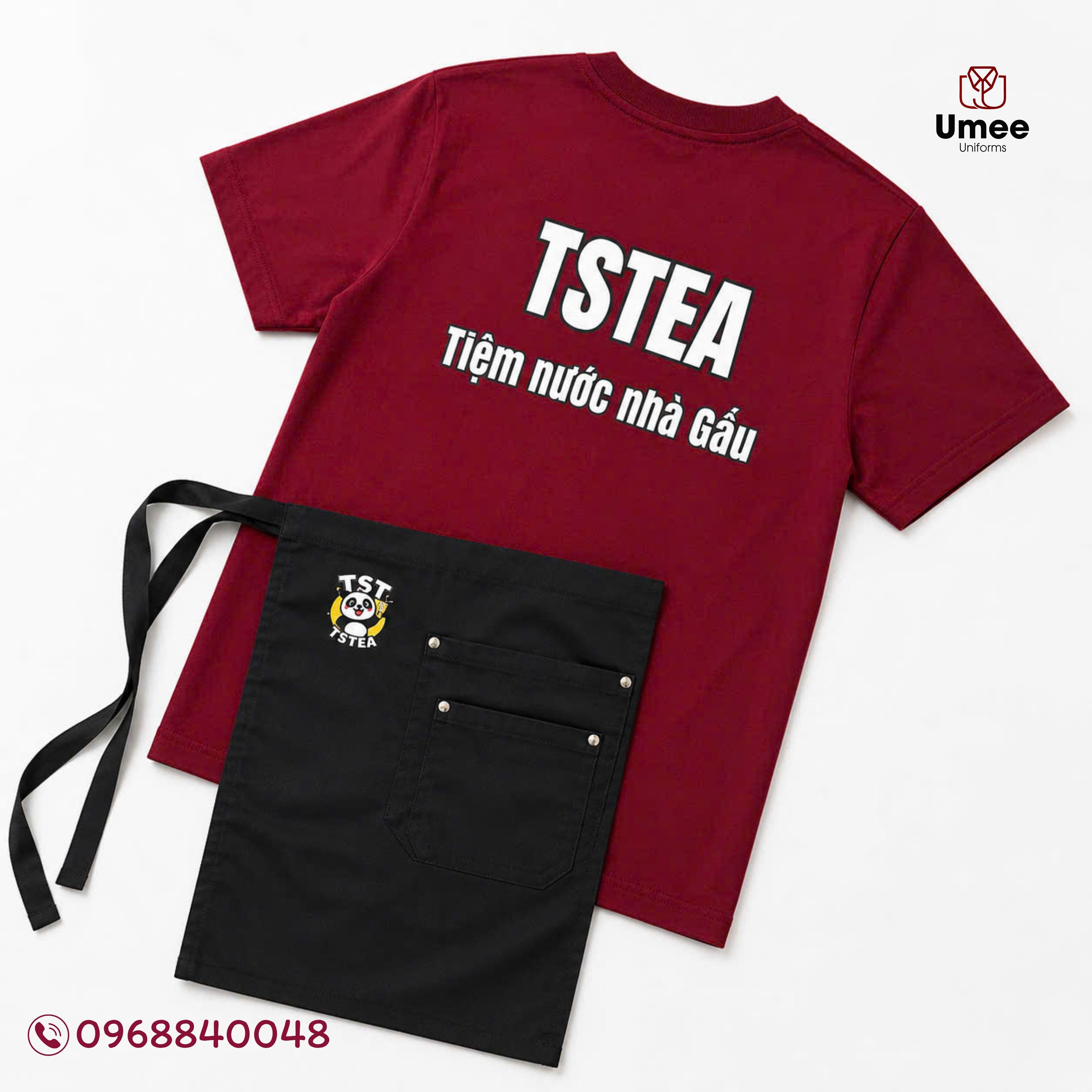 Đồng Phục Trà Sữa Áo Thun Đỏ Đô & Tạp Dề Đen - TSTea | Umee Uniforms
