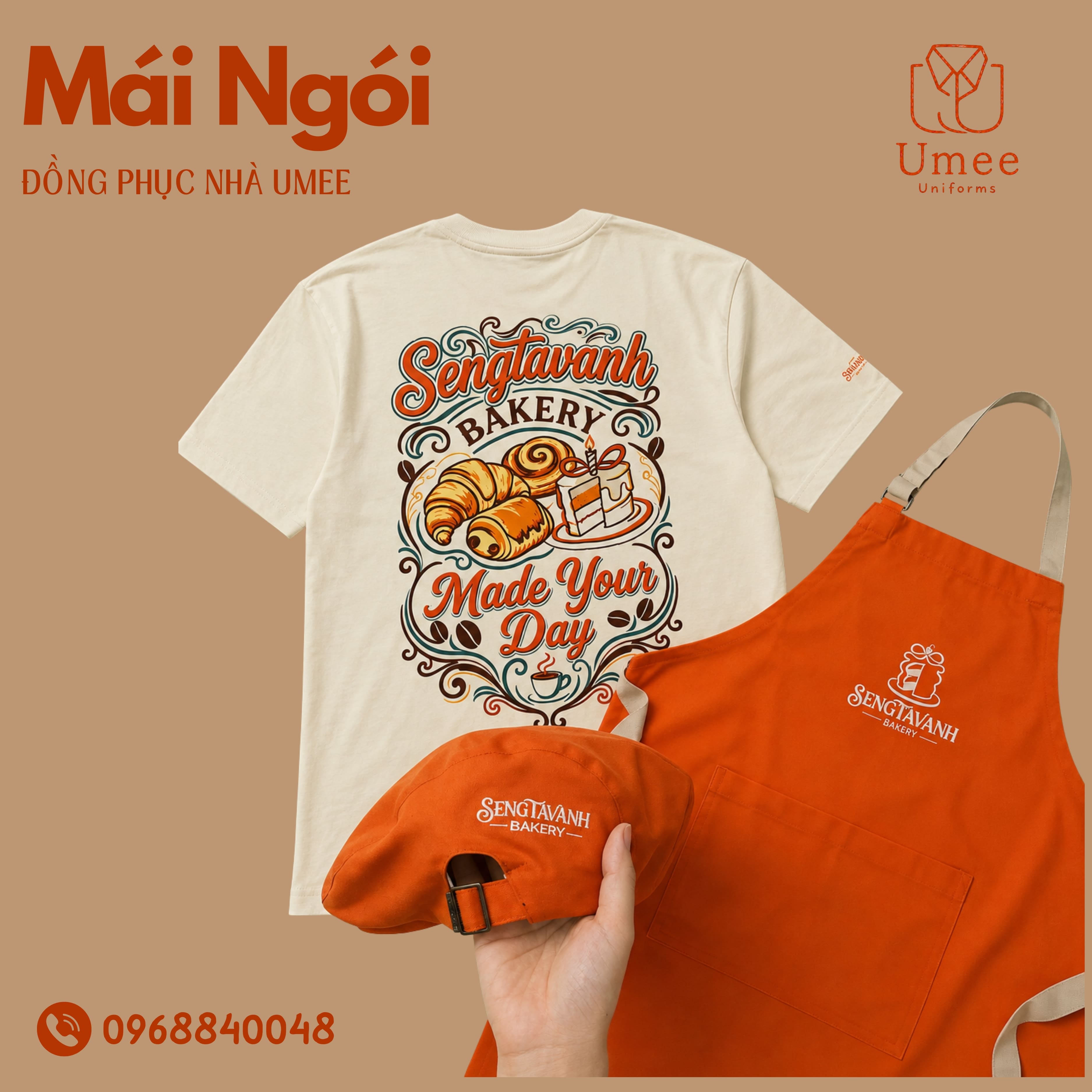 Đồng phục Mái Ngói be phối cam - áo thun, tạp dề, nón bere - Sengtavanh Bakery - Umee Uniform