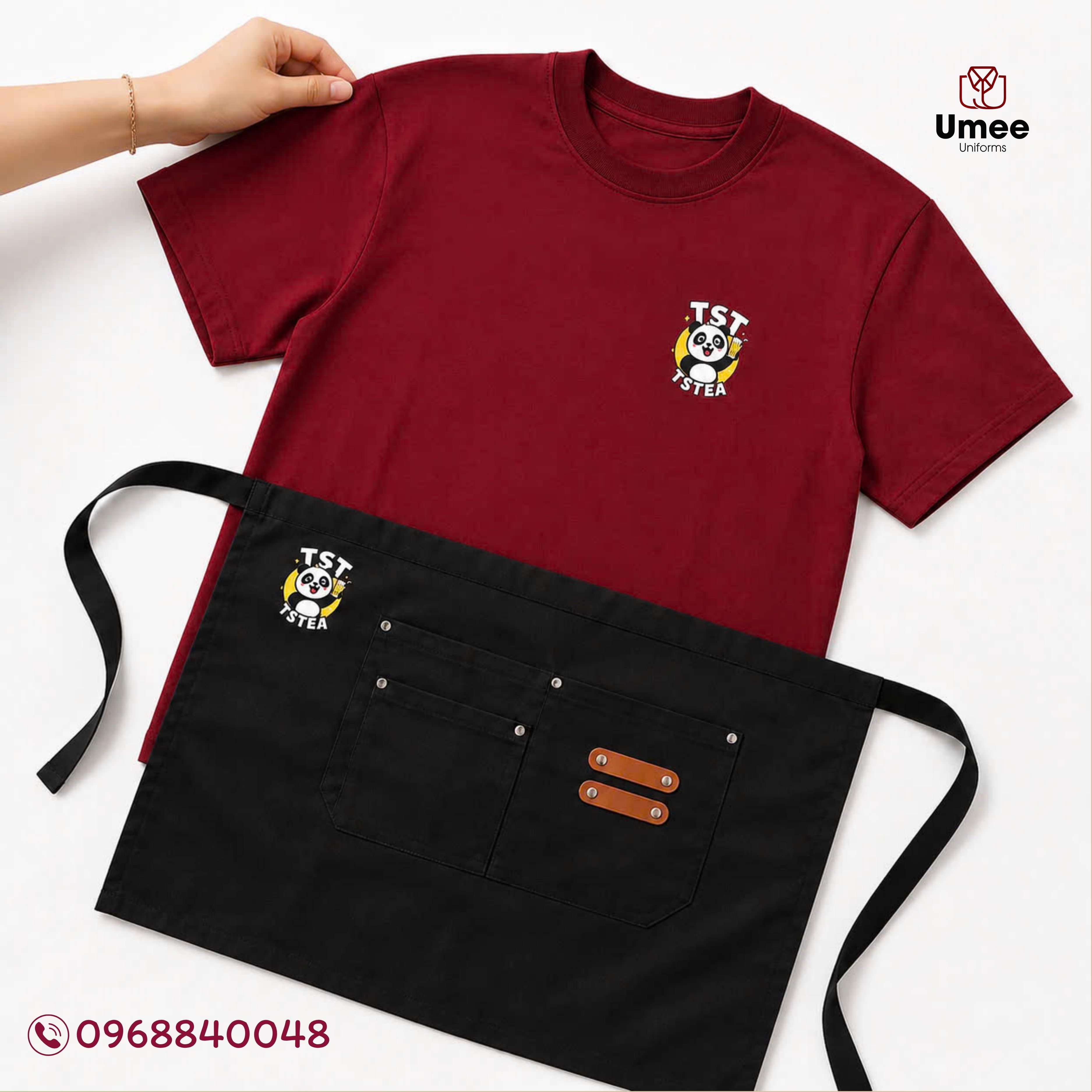 Đồng Phục Trà Sữa Áo Thun Đỏ Đô & Tạp Dề Đen - TSTea | Umee Uniforms
