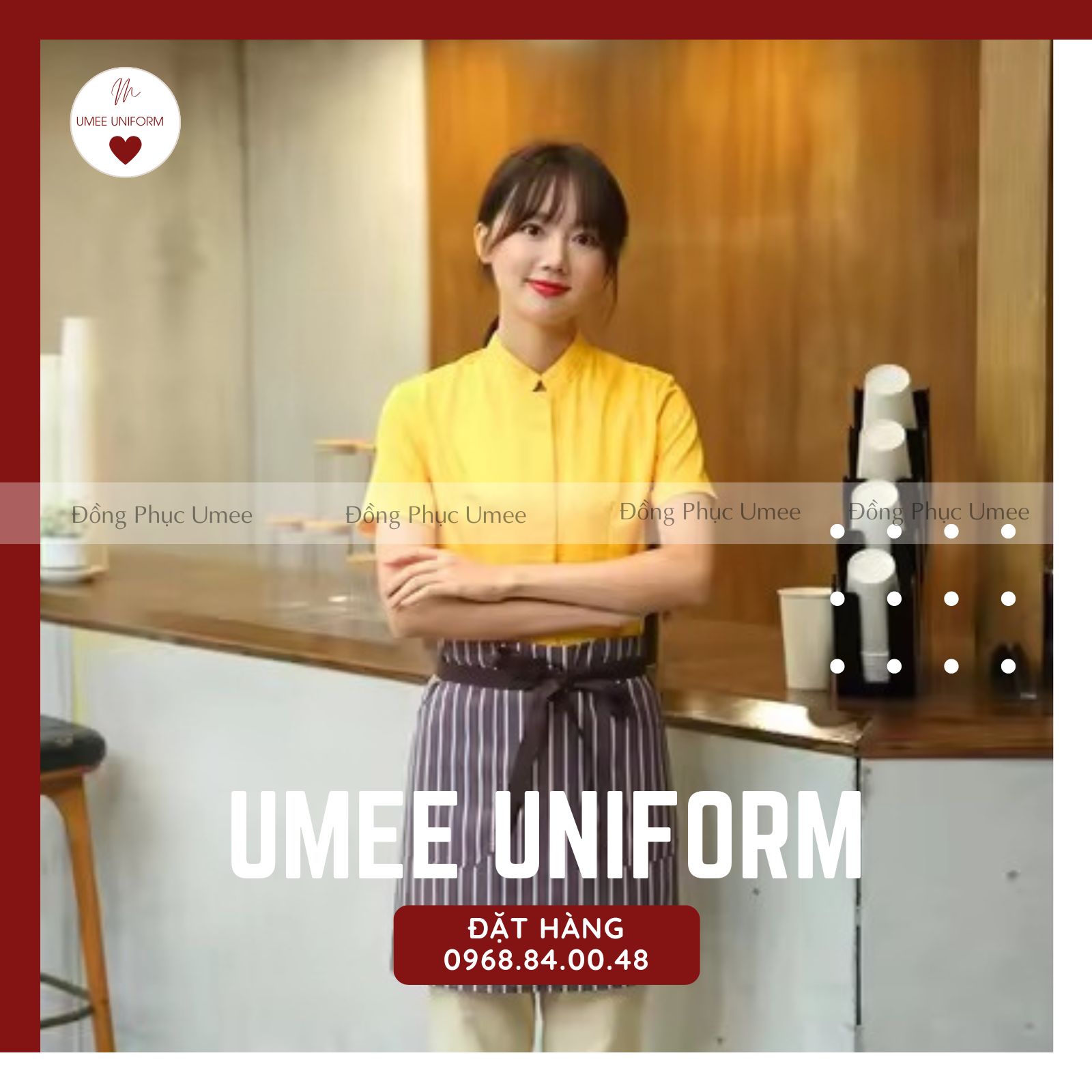 Đồng Phục Coffee sơ mi vintage màu vàng kết hợp tạp dề sọc caro