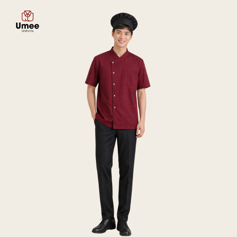 Áo Đồng Phục Bếp Cổ Chéo Tay Ngắn Màu Đỏ Đô - May Theo Yêu Cầu