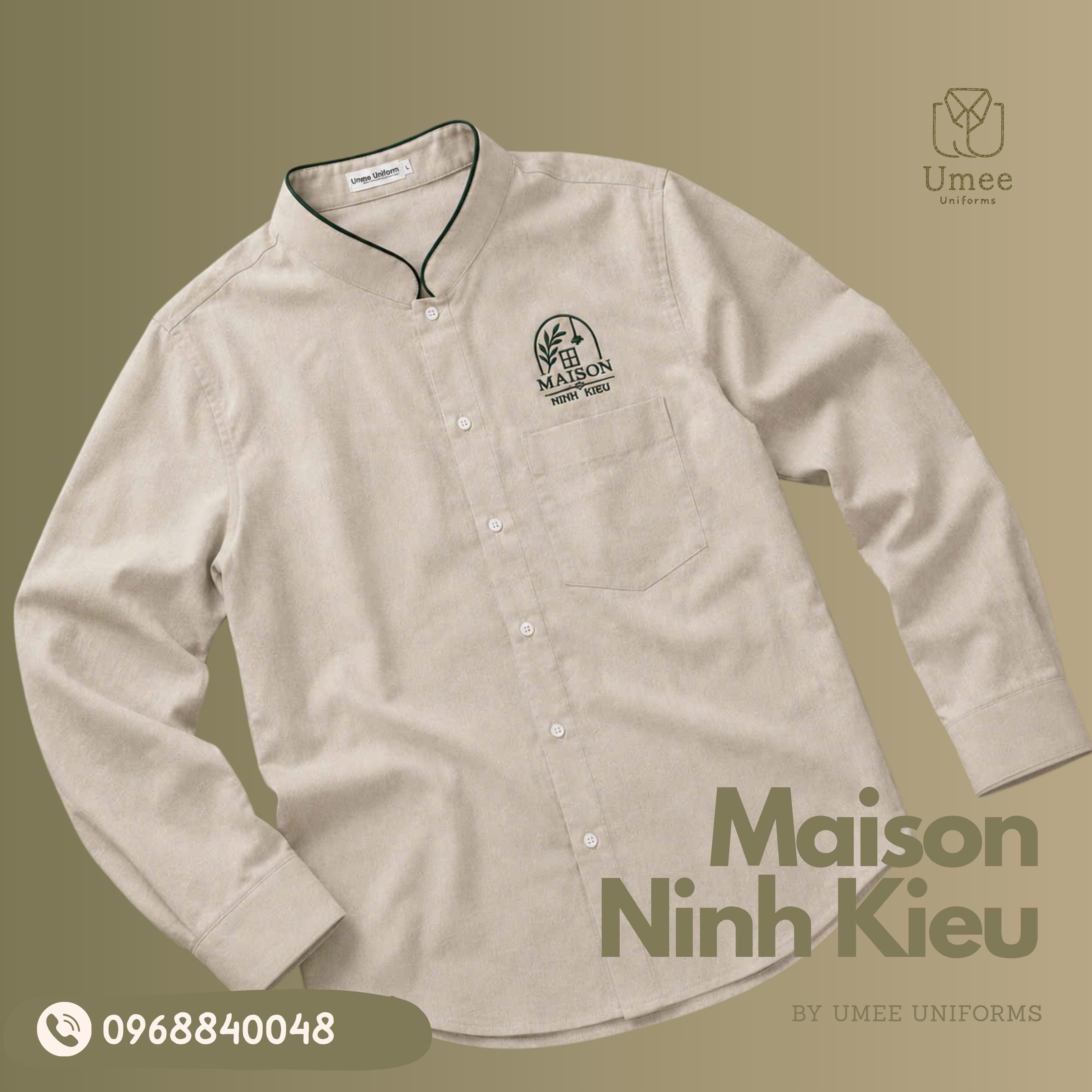 Áo Sơ Mi Linen Be Phối Rêu - Đồng Phục Maison Ninh Kieu | Umee Uniform