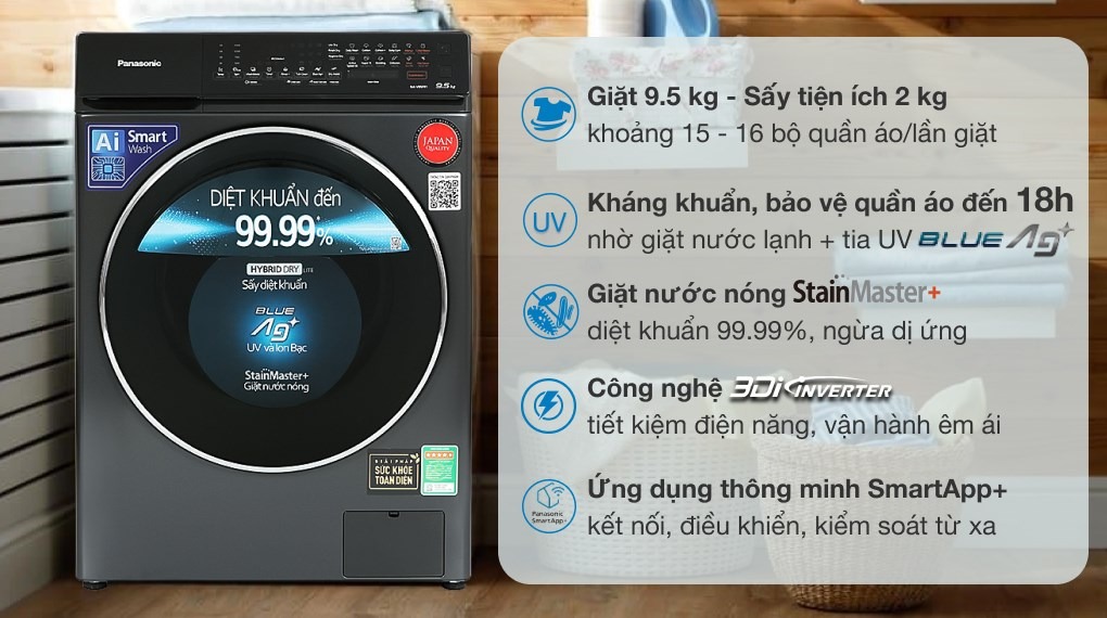 Máy giặt sấy Panasonic Inverter lồng ngang giặt 9.5 kg/Sấy 2 kg NA-V95FR1BVT