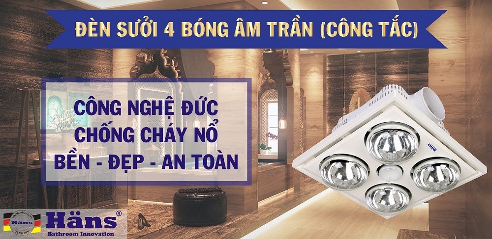 Đèn sưởi nhà tắm âm trần Hans 4 bóng H4B (tích hợp đèn sáng và thổi gió nóng/ mát)