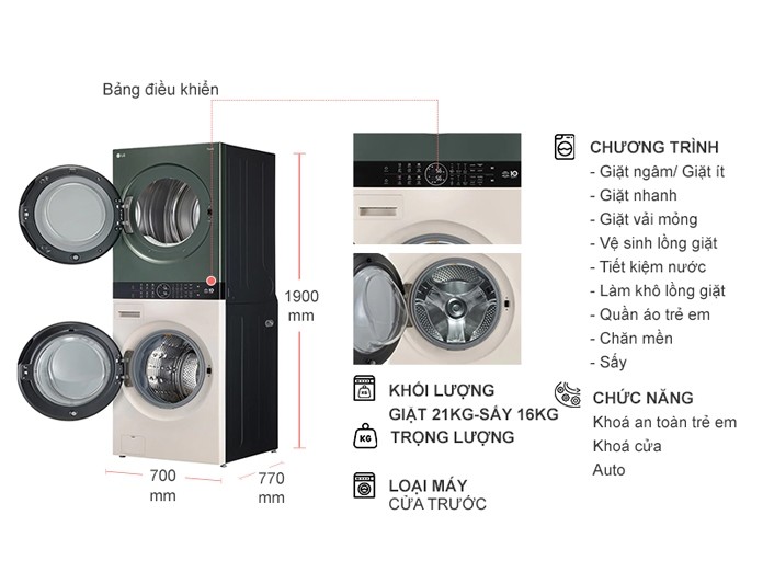 Tháp máy giặt sấy LG WashTower Inverter giặt 21 kg - sấy 16 kg WT2116SHEG