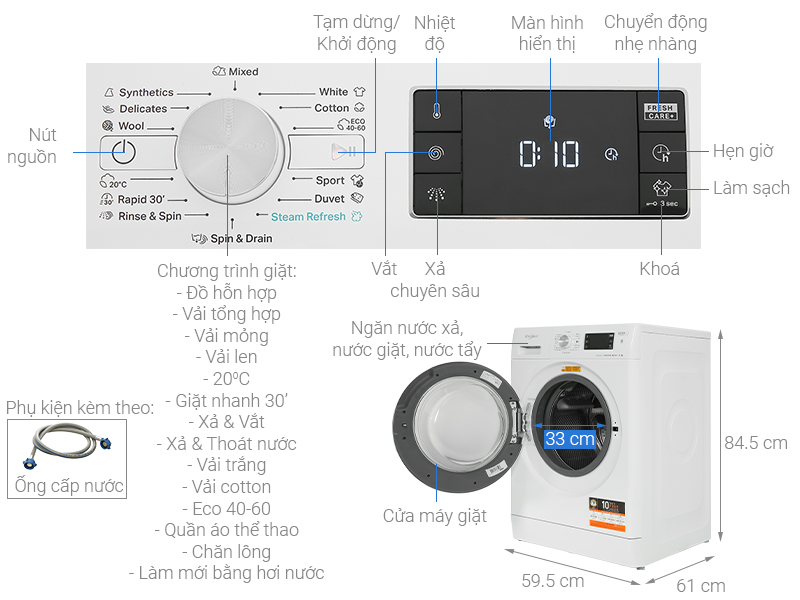 Máy giặt Whirlpool 9kg FFB9458WVEE