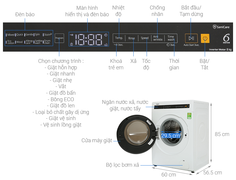 Máy giặt Whirlpool 8kg FWEB8002FW