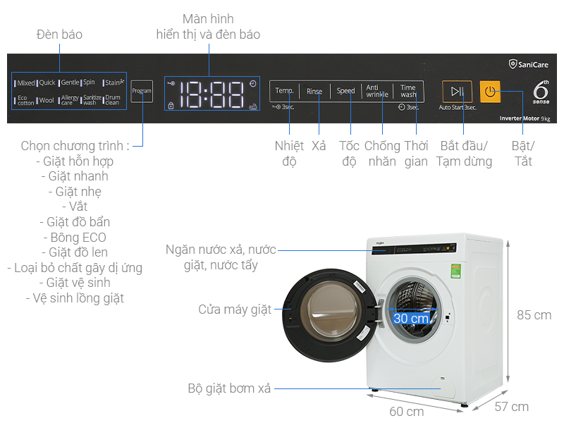 Máy giặt Whirlpool 9kg FWEB9002FW