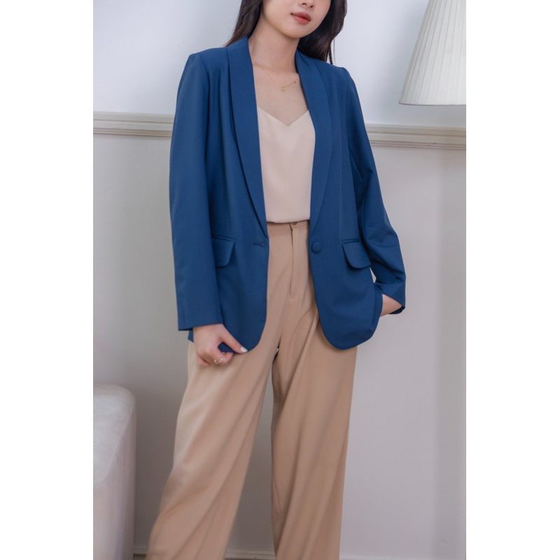 Áo vest nữ blazer màu xanh coban cổ vịt áo khoác công sở tay dài 1 lớp phong cách Hàn Quốc
