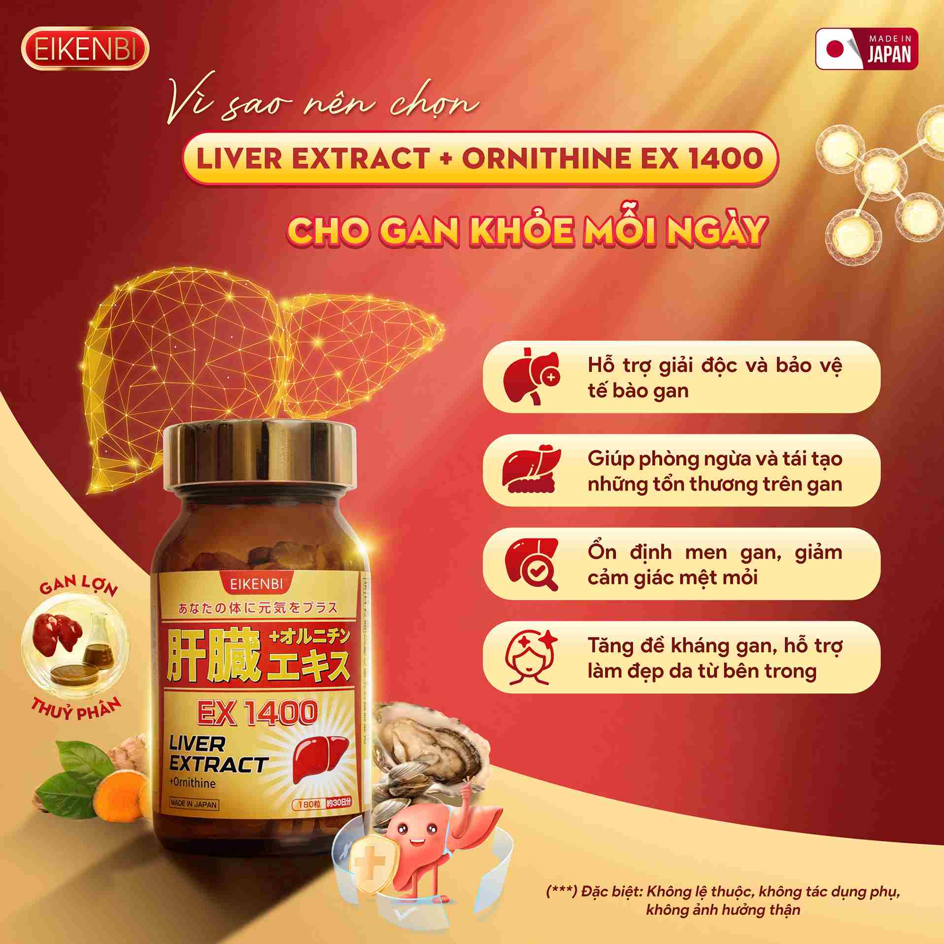 Công Dụng Của Viên Uống Bổ Gan Thải Độc Liver Extract+ Ornithine Ex1400 Eikenbi