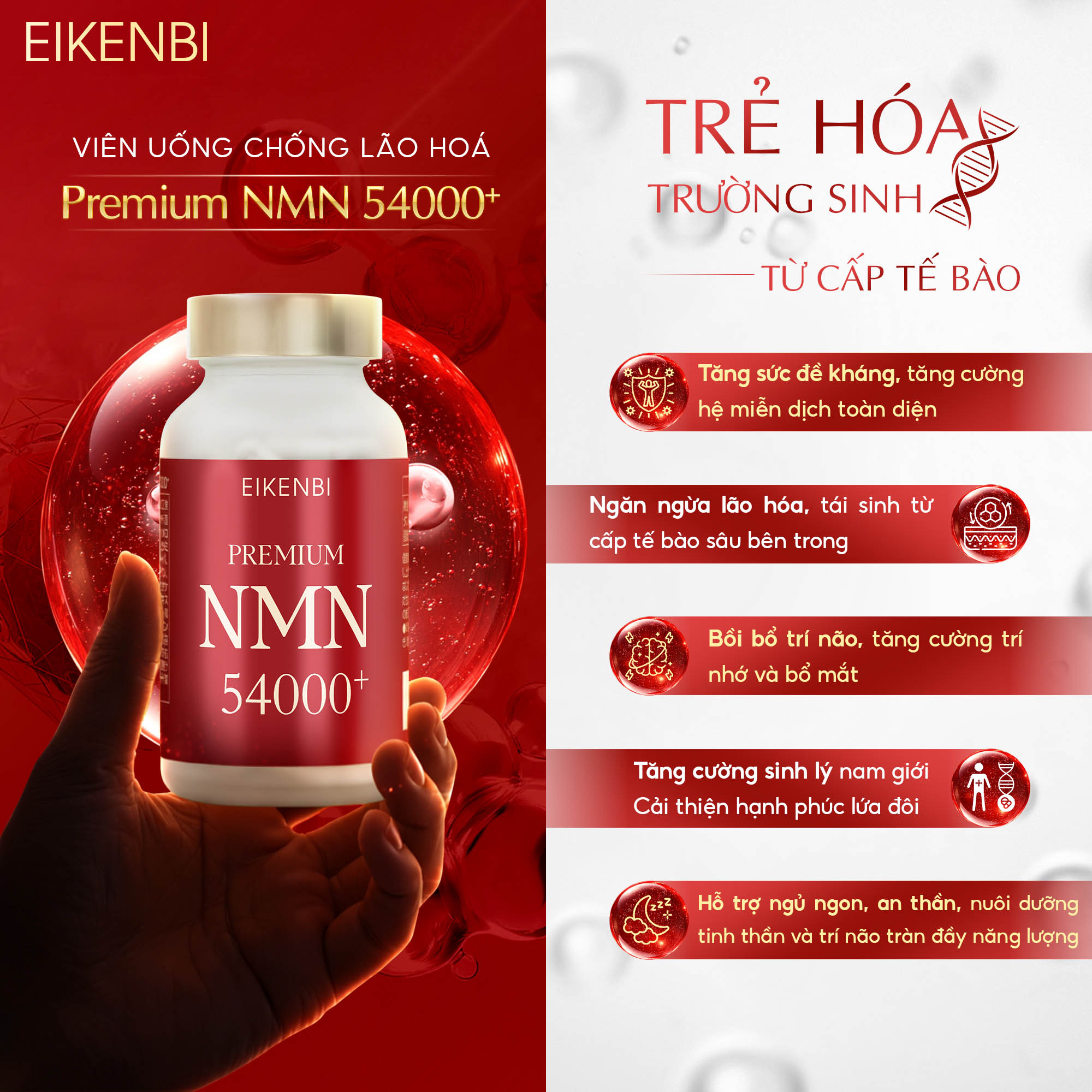 Công dụng sản phẩm viên uống chống lão hóa Premium NMN 54000+ Eikenbi