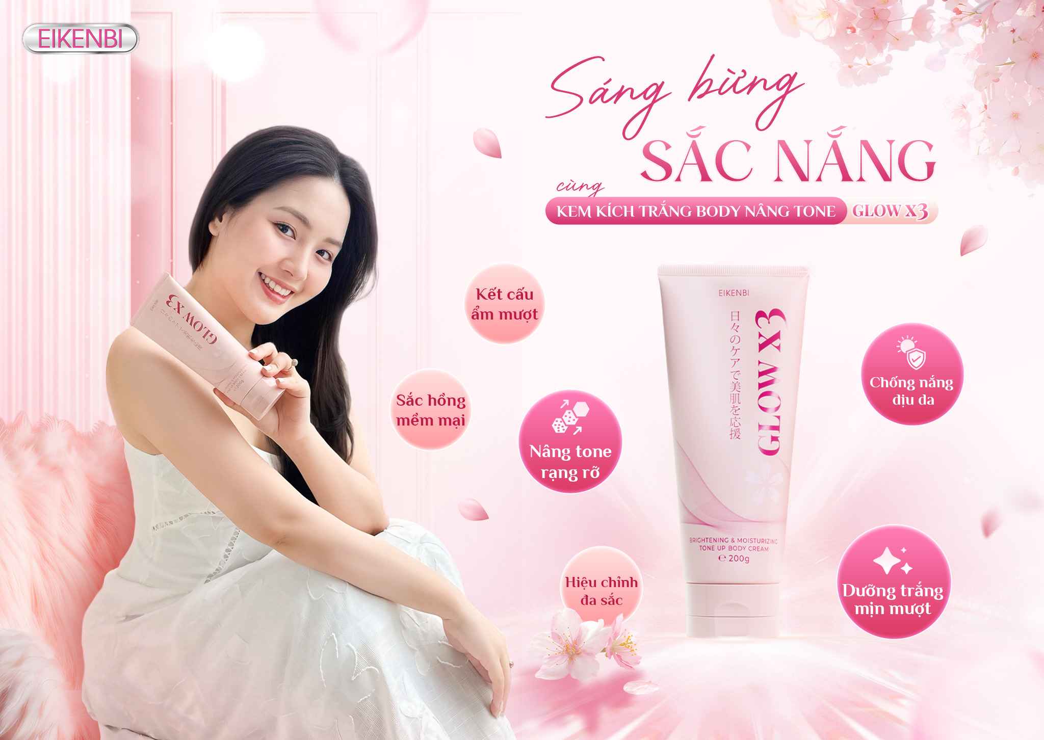 Kem Kích Trắng Body Nâng Tone Glow X3 Eikenbi 