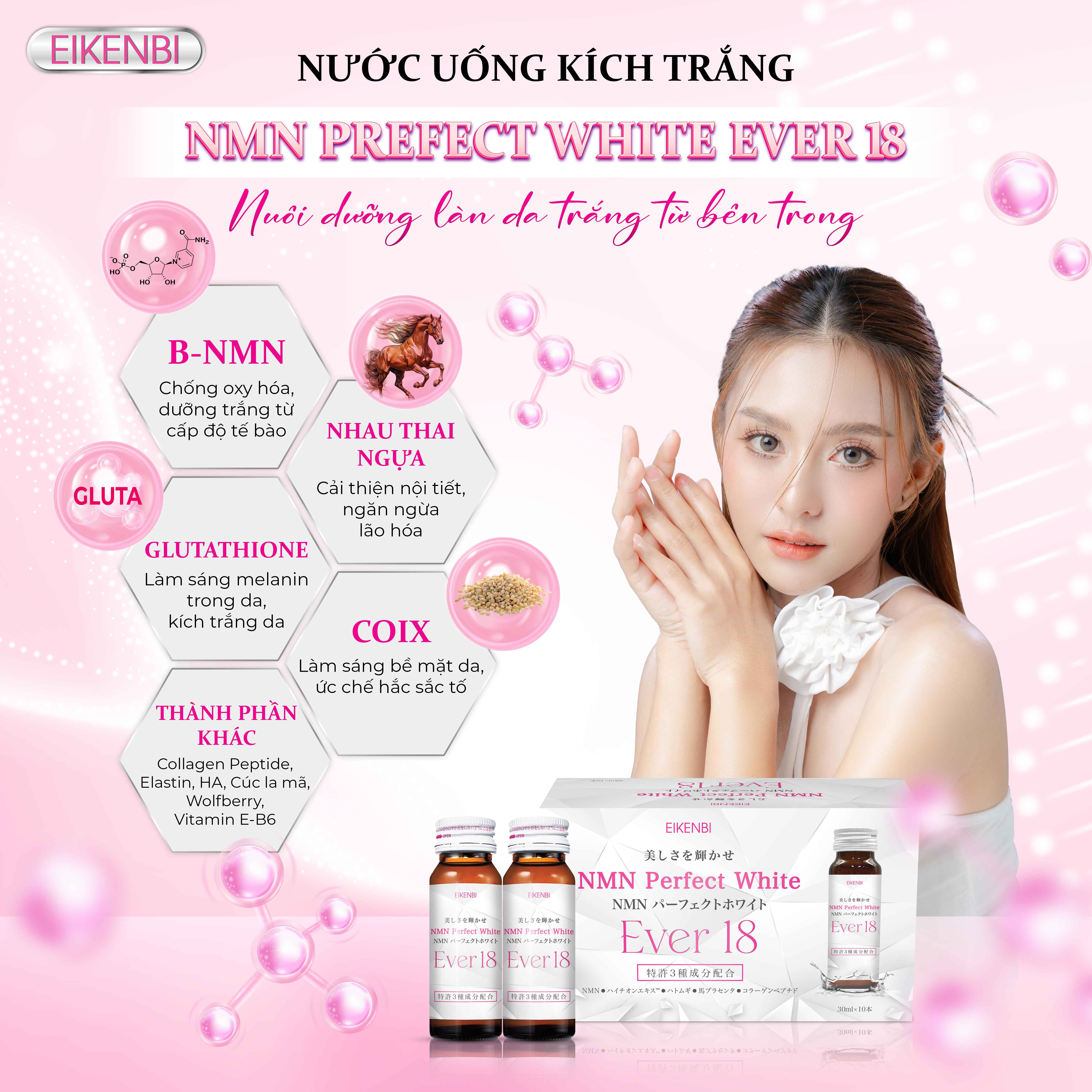 Thành Phần Nước Uống Siêu Kích Trắng NMN Perfect White Ever 18 Eikenbi