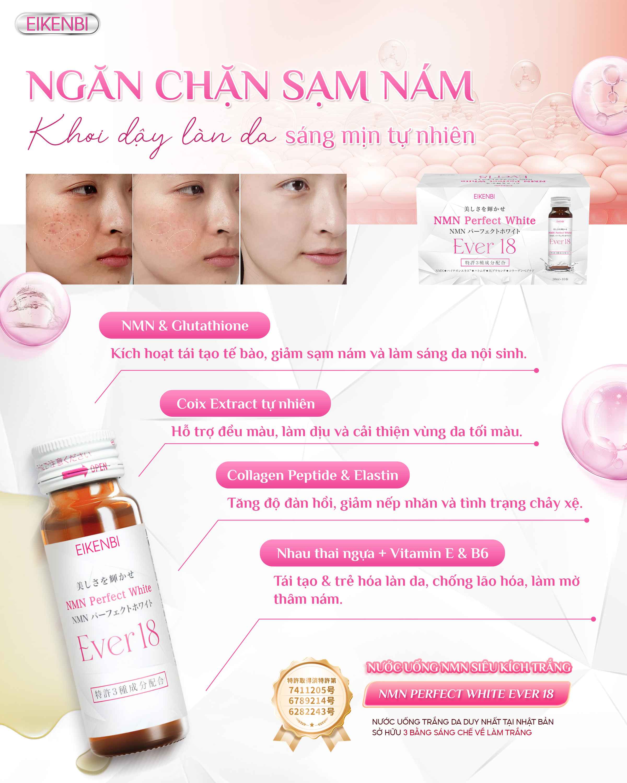 Ưu Điểm Nước Uống Siêu Kích Trắng NMN Perfect White Ever 18 Eikenbi